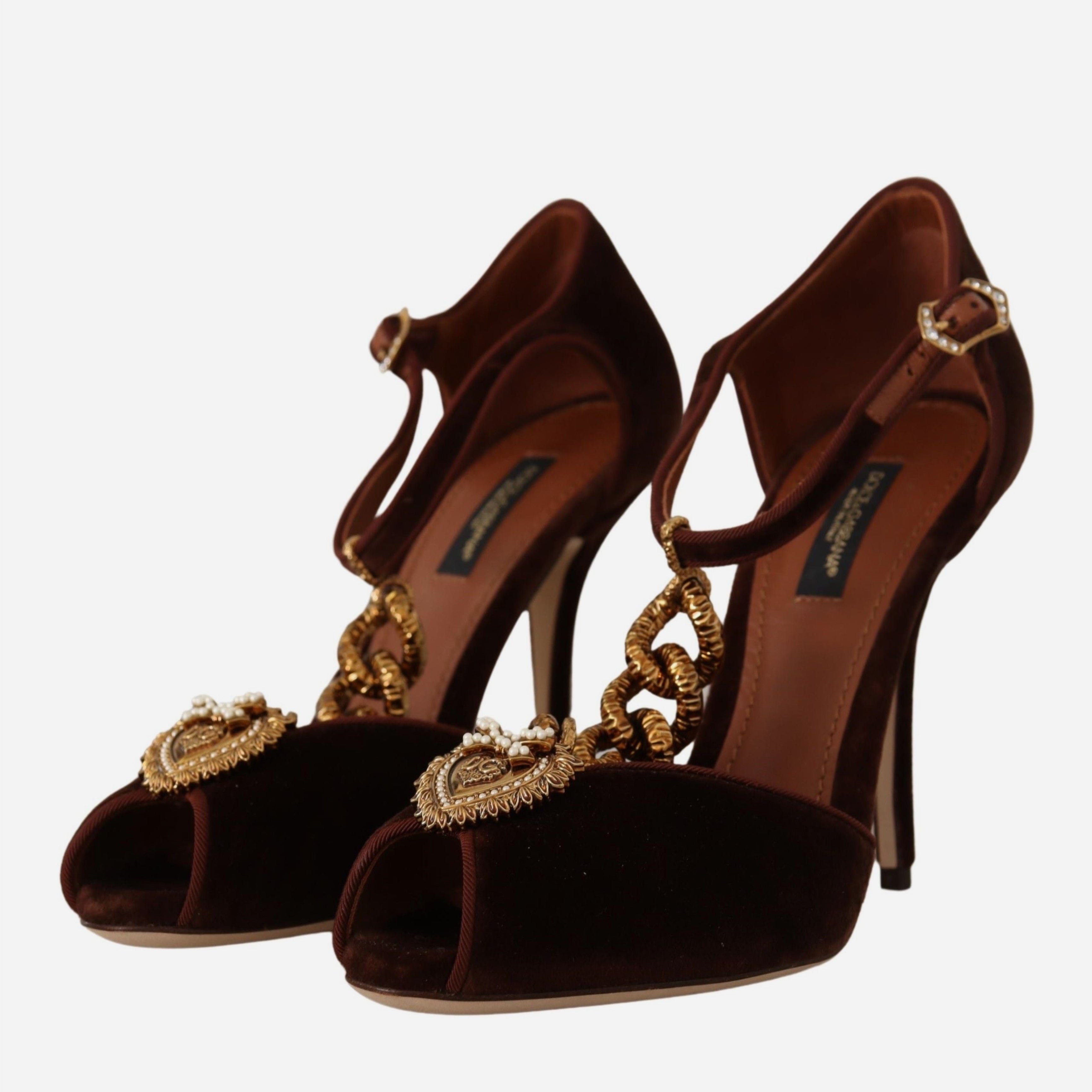 Дамски луксозни кадифени отворени обувки на висок ток в кафяво DOLCE & GABBANA Women’s Luxury Gold Detail Velvet Heels