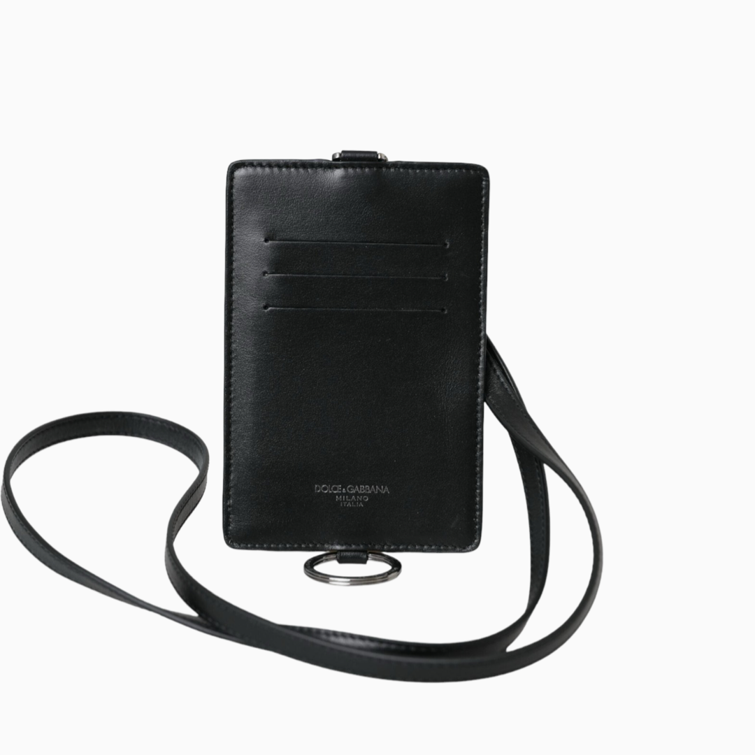 Мъжки кардхолдър Dolce & Gabbana Black Calf Leather Lanyard Logo Card Holder Men Wallet