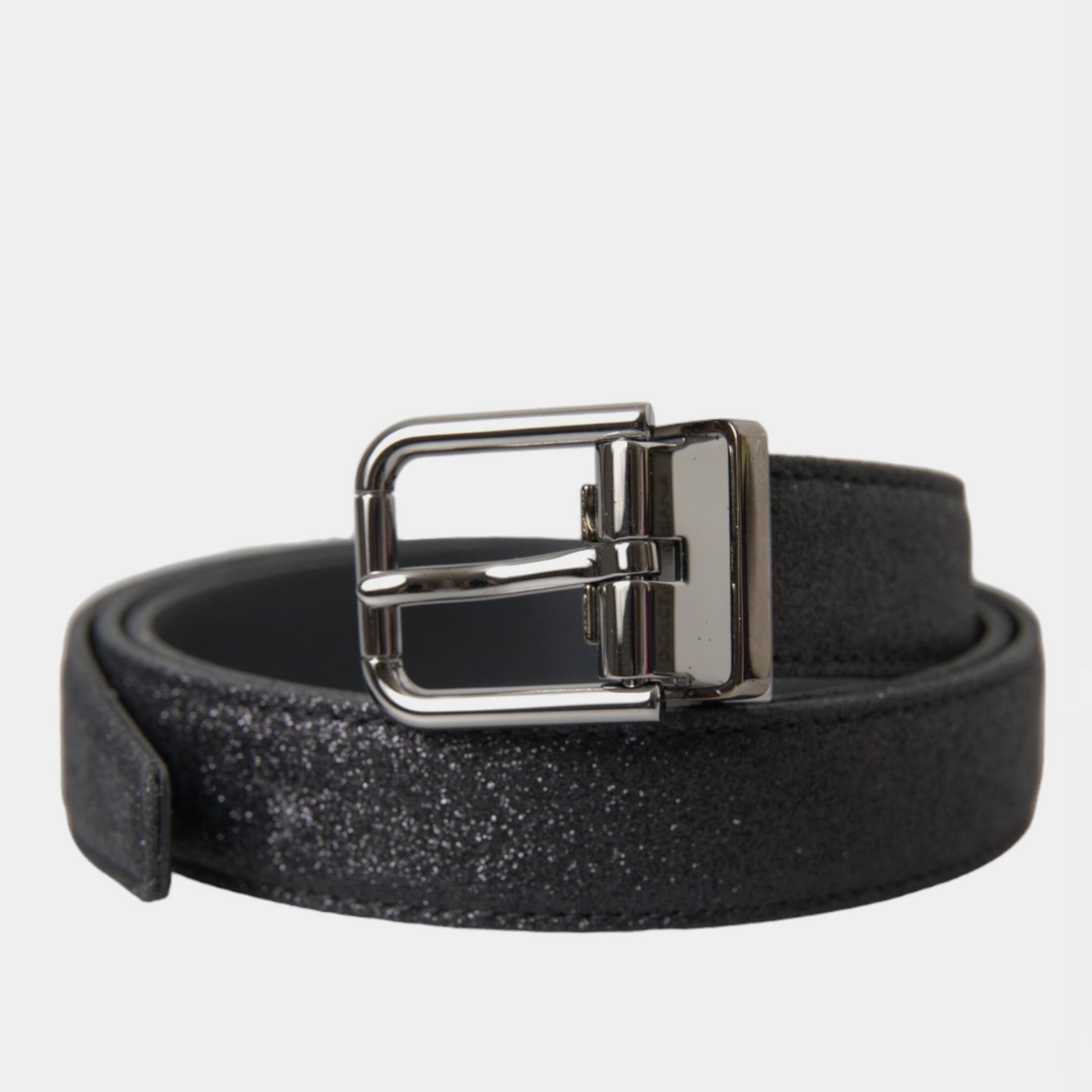 Дамски колан от естествена кожа Dolce & Gabbana Black Glittered Leather Silver Buckle Belt в черно