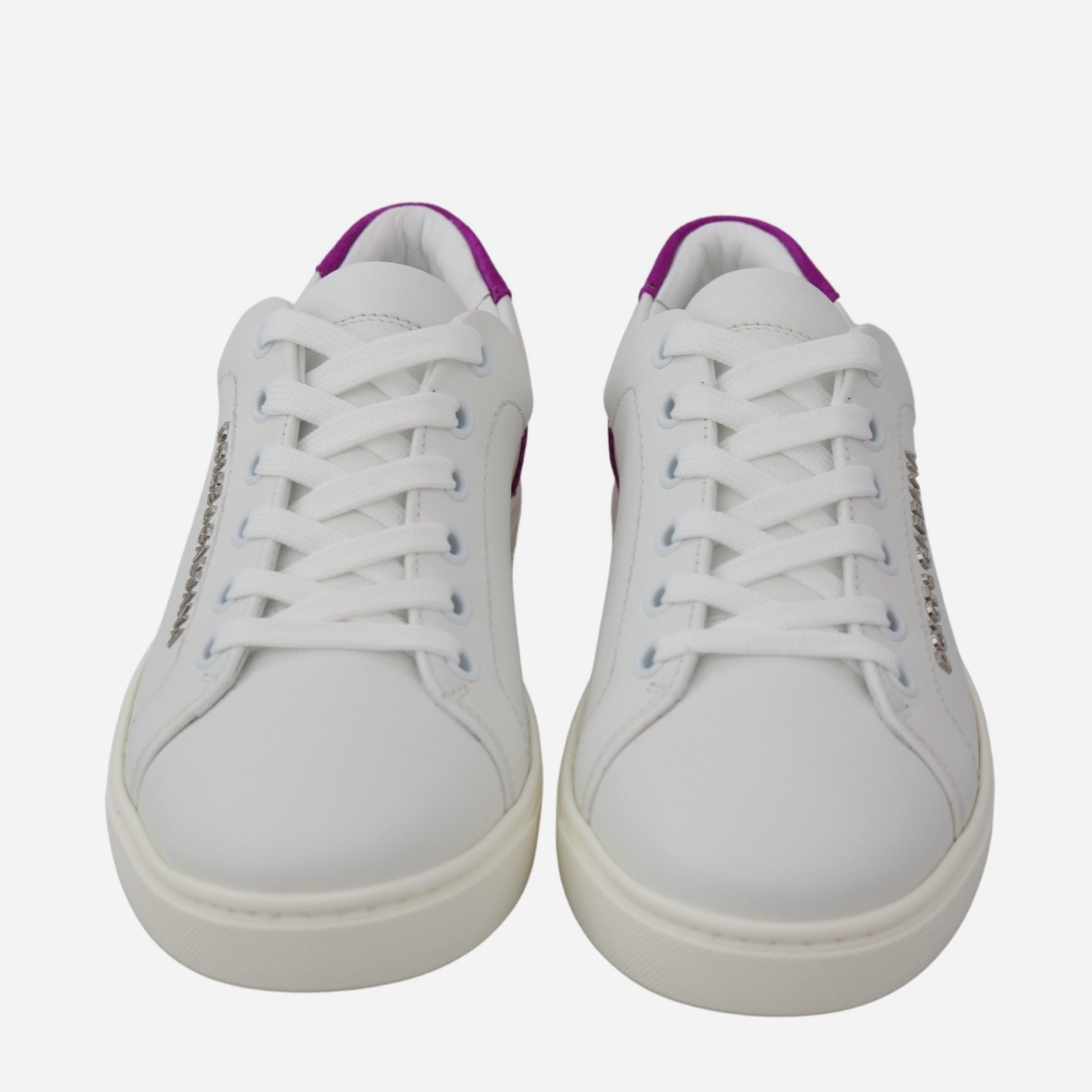 Дамски ежедневни кецове от естествена кожа в бяло Dolce & Gabbana Women’s Chic White Leather Sneakers with Purple Accents