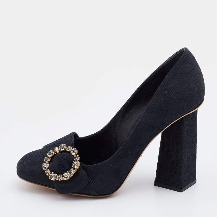 Дамски луксозни обувки на висок ток Dolce & Gabbana Black Brocade Crystals Heels Pumps в черно