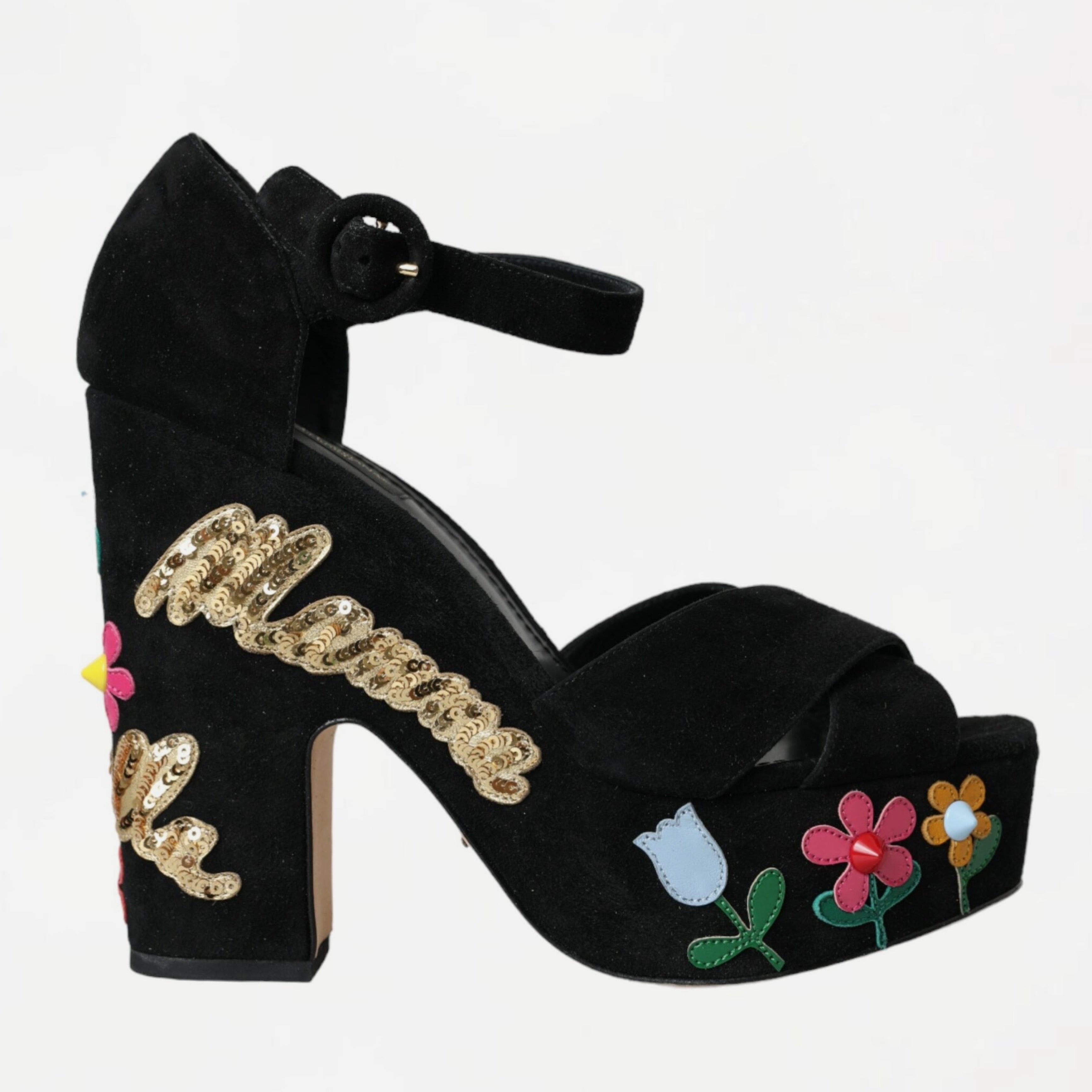 Дамски луксозни обувки на висок ток с флорални мотиви Dolce & Gabbana Mama Mia Black Floral Ankle Strap Heels в черно