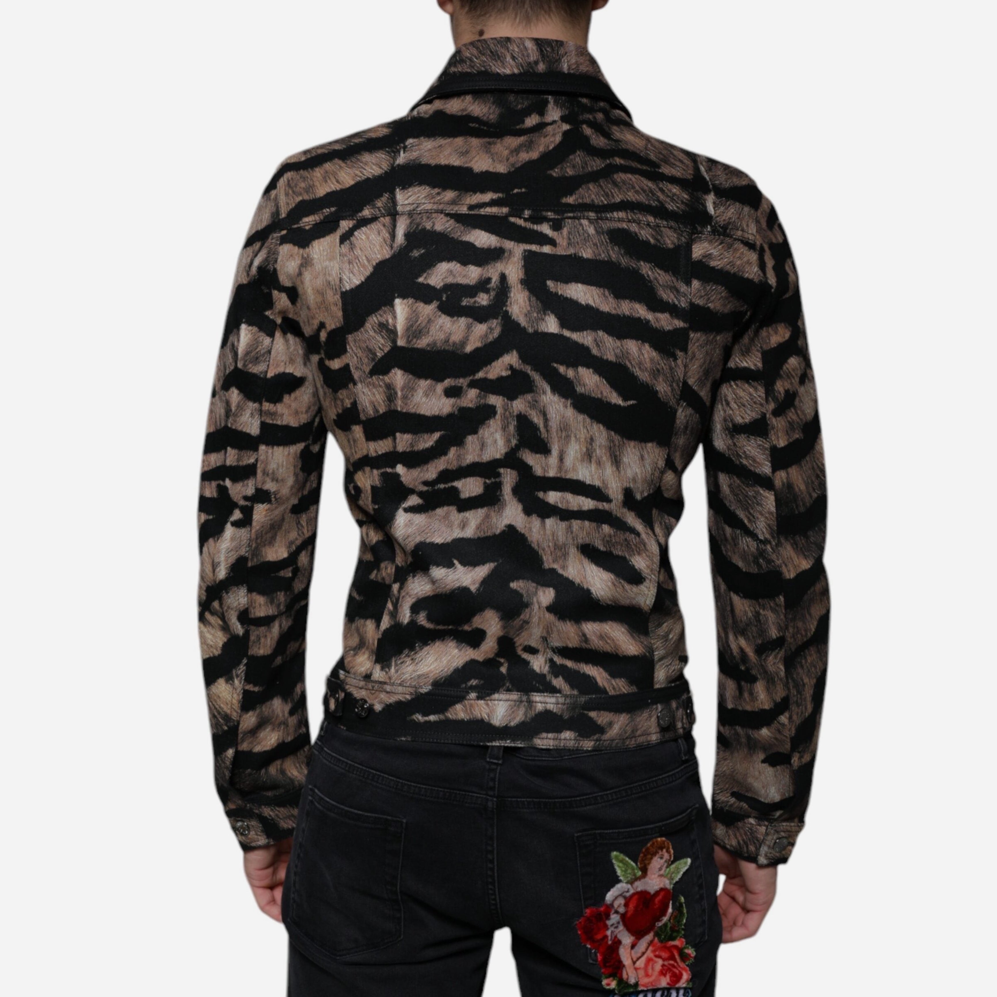 Мъжко луксозни дънково яке в кафява тигрова разцветка DOLCE & GABBANA Men’s Luxury Brown Tiger Button Down Cotton Stretch Jacket