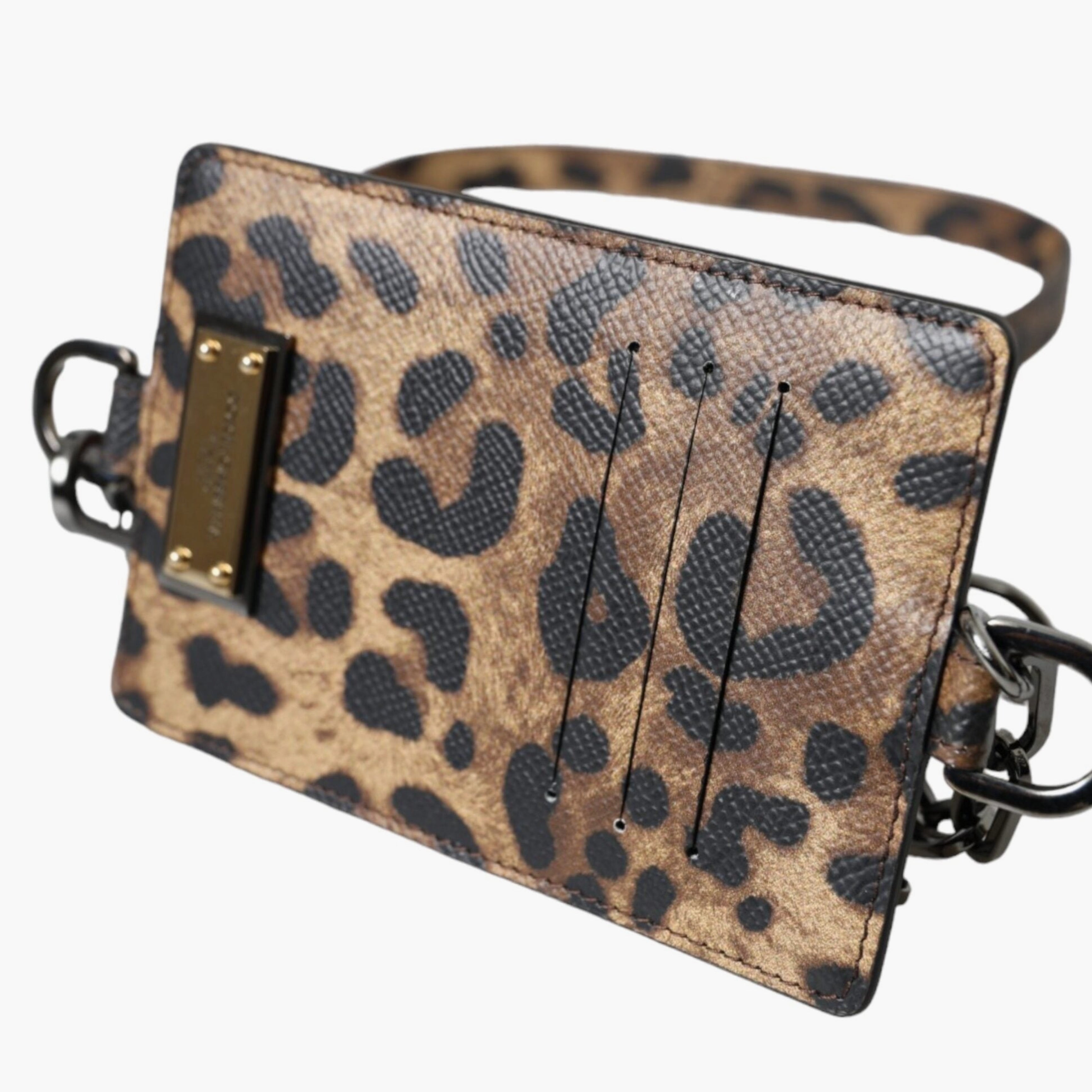 Дамски луксозен леопардов кардхолдър от естествена кожа Dolce & Gabbana Women’s Leather Leopard Print Logo Plaque Cardholder