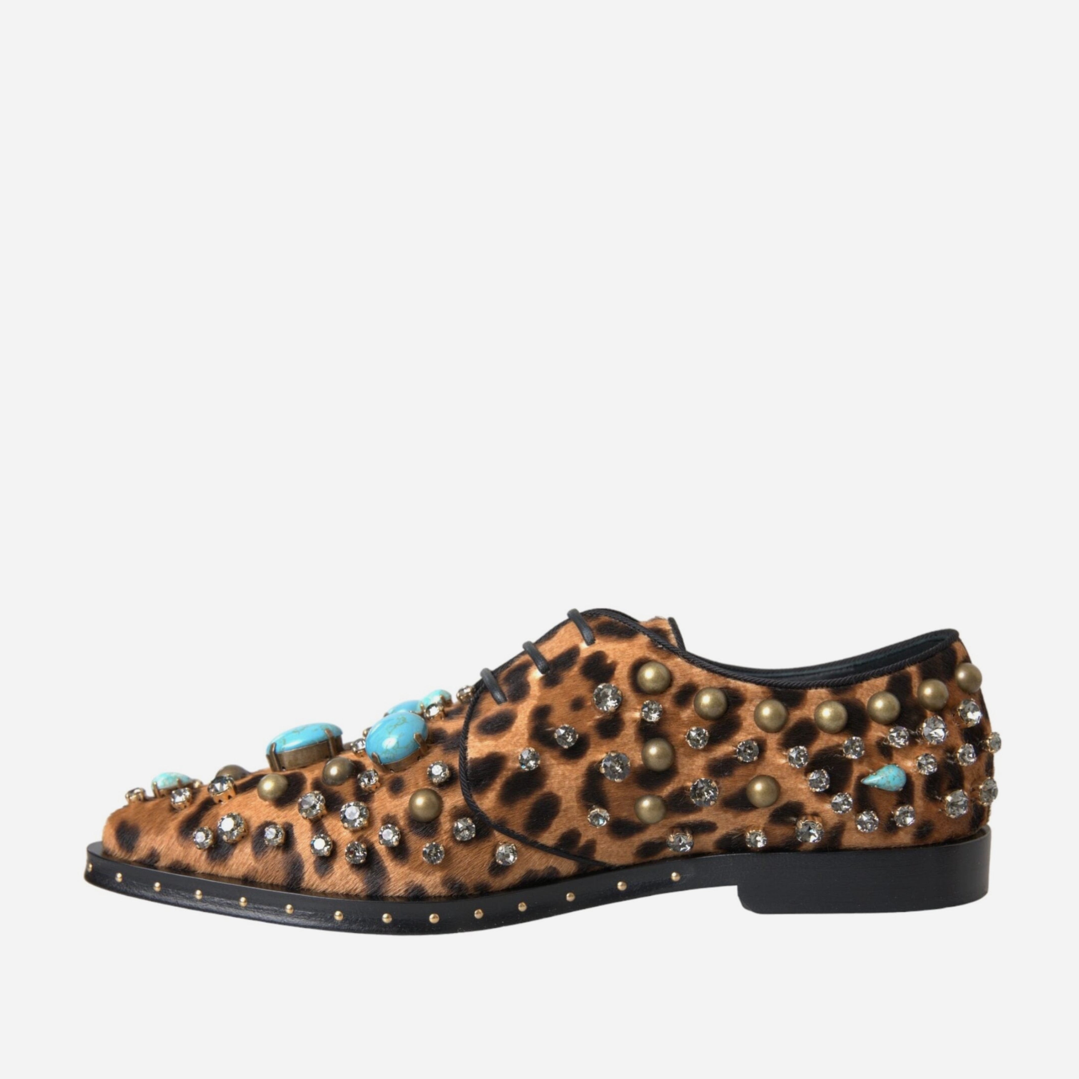 Дамски екстравагантни луксозни леопардови обувки с камъни Dolce & Gabbana Women’s Leopard Luxury Brogue Flat Shoes