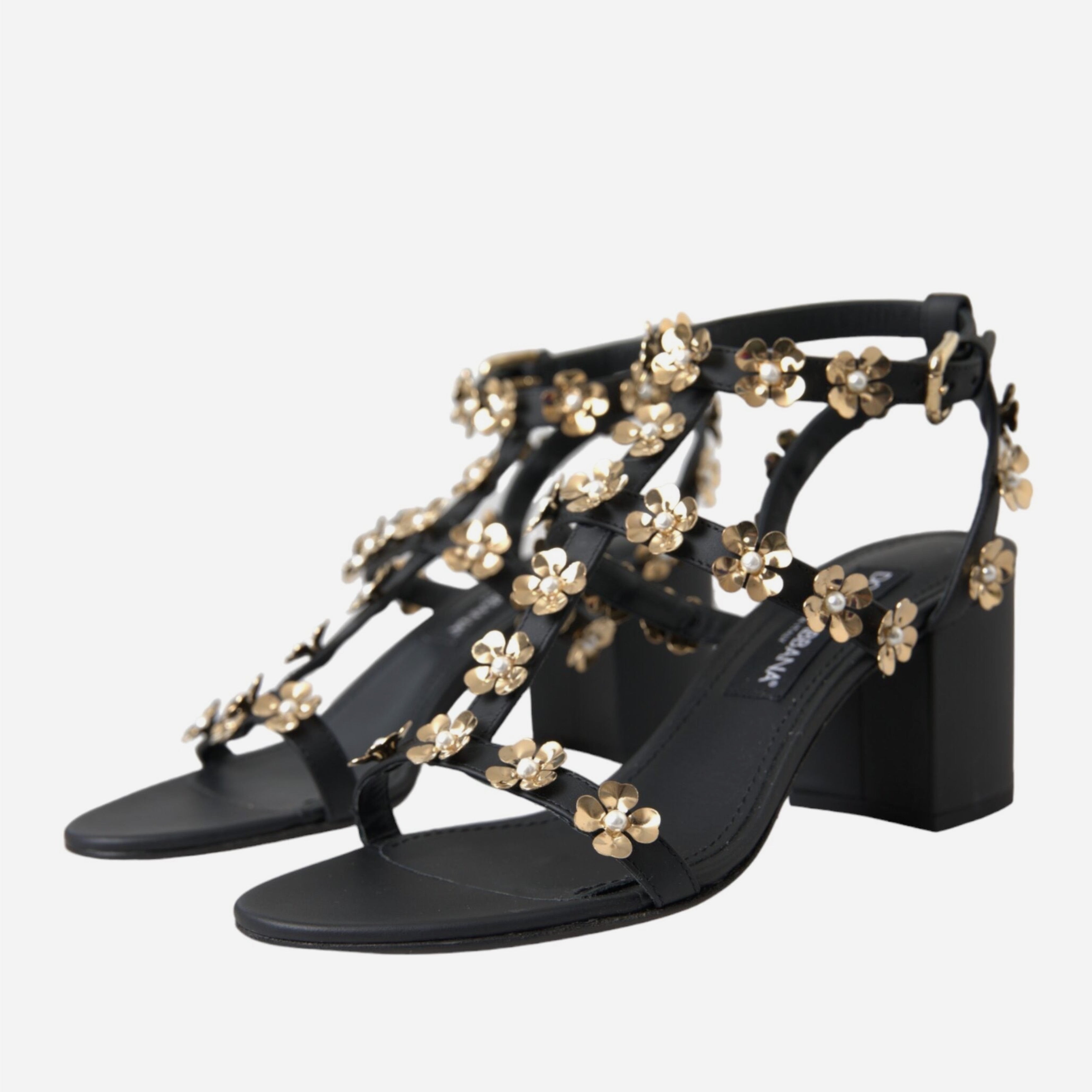 Дамски сандали от естествена кожа в черно с украса от цветенца DOLCE & GABBANA Women’s Black Leather Embellished Sandals