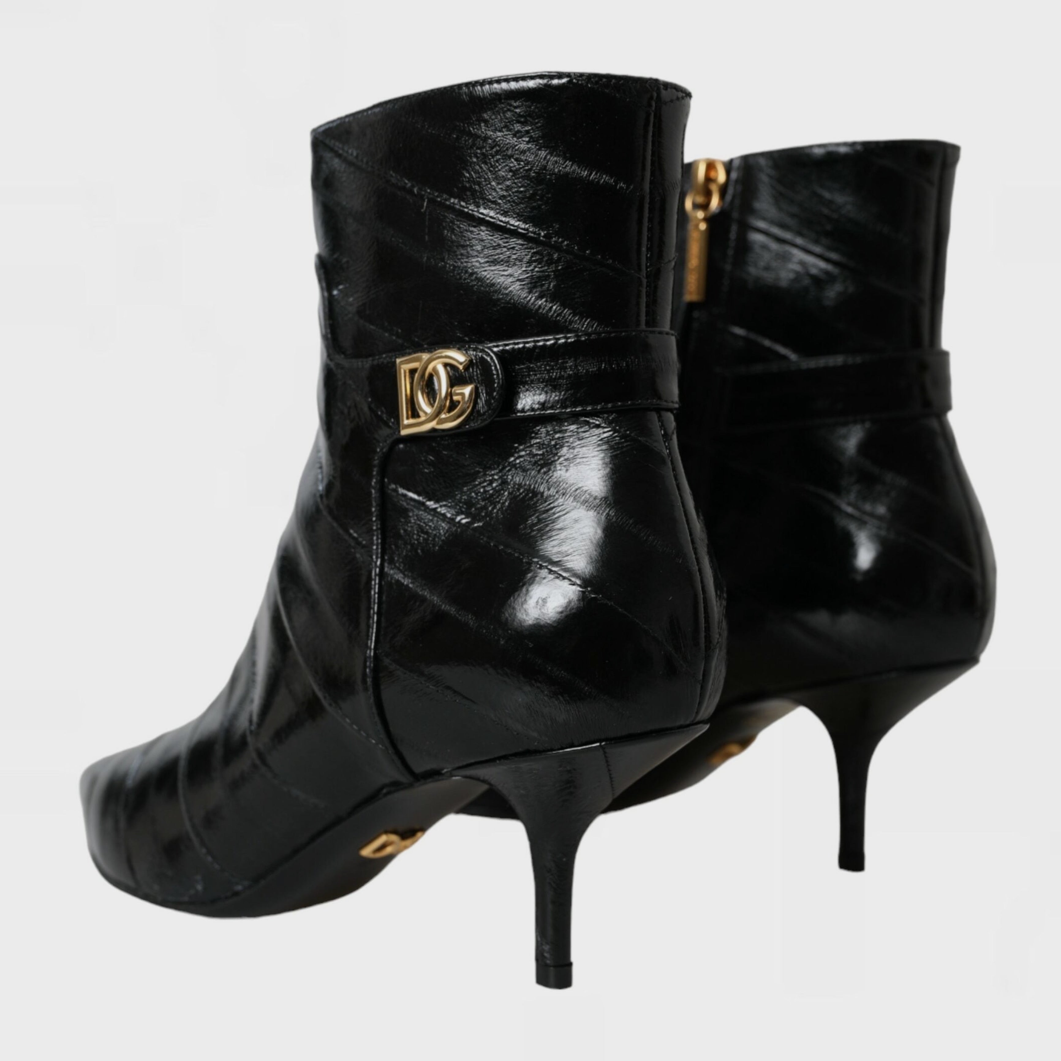 Дамски черни обувки боти на висок ток от естествена кожа от змиорка Dolce & Gabbana Black Eel Leather DG Logo Ankle Boots