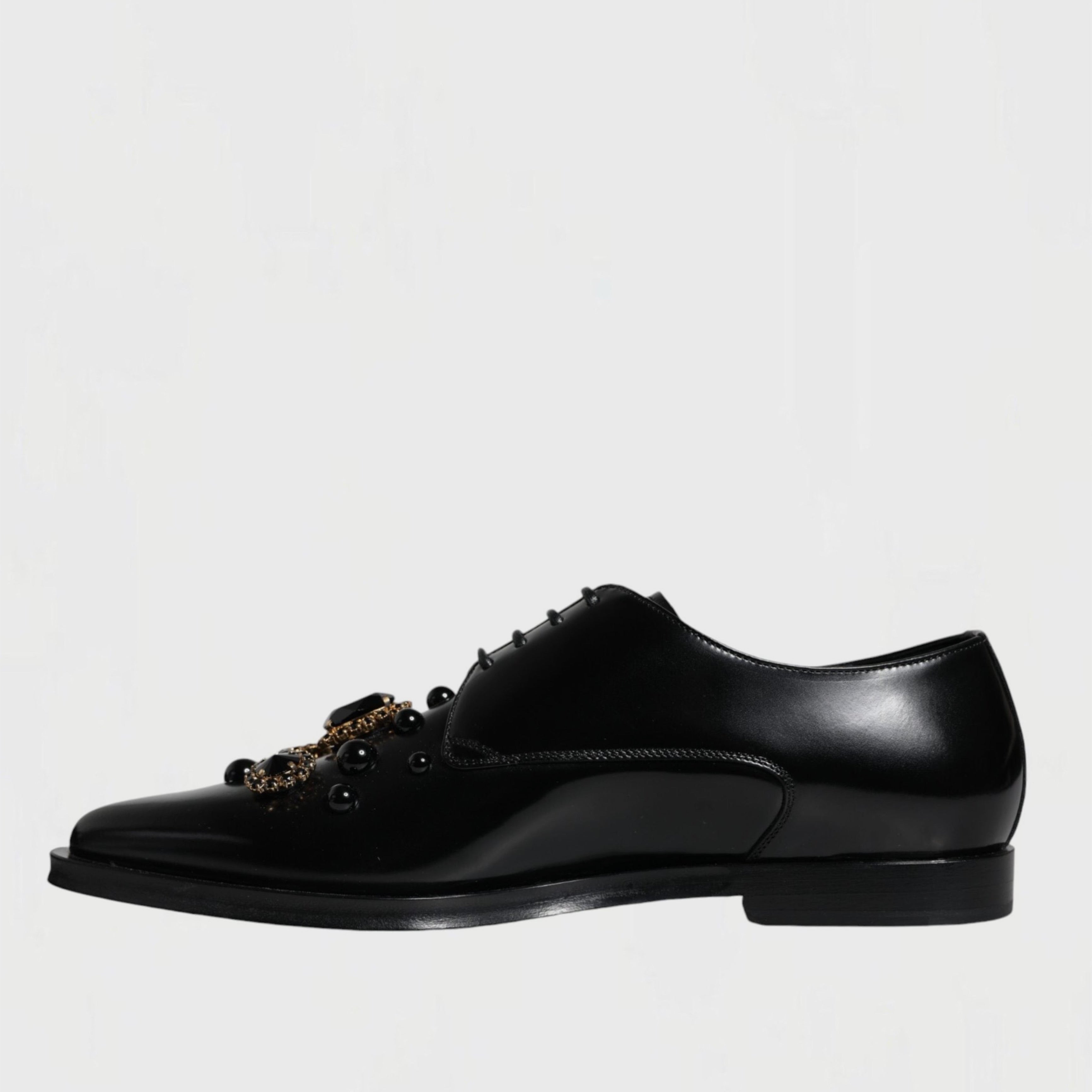 Мъжки луксозни официални дерби обувки с кристали DOLCE & GABBANA Women’s Black Leather Crystal Formal Derby Shoes