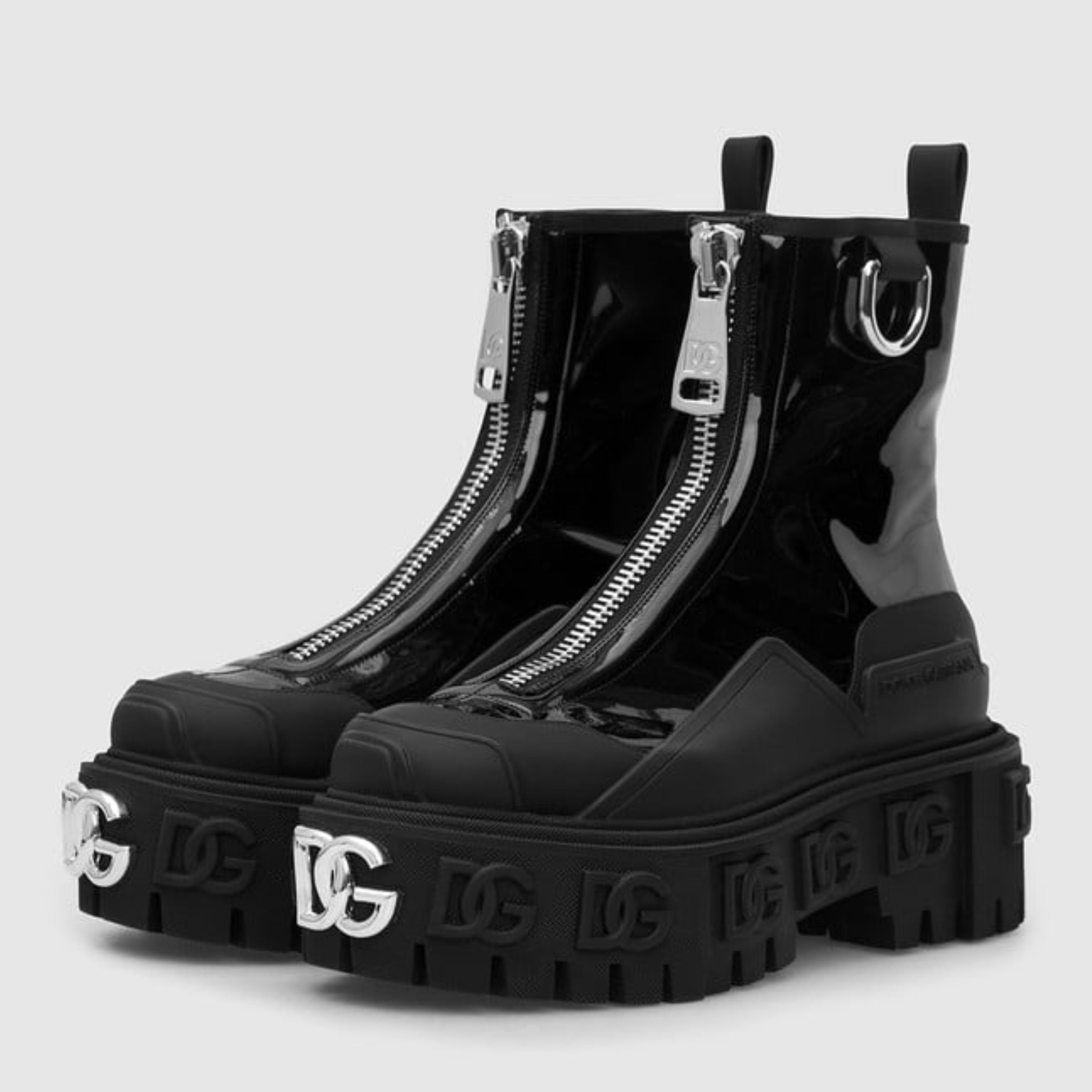 Дамски луксозни боти на висока платформа в черно Dolce & Gabbana Women Black Leather Rubber Logo Ankle Boots