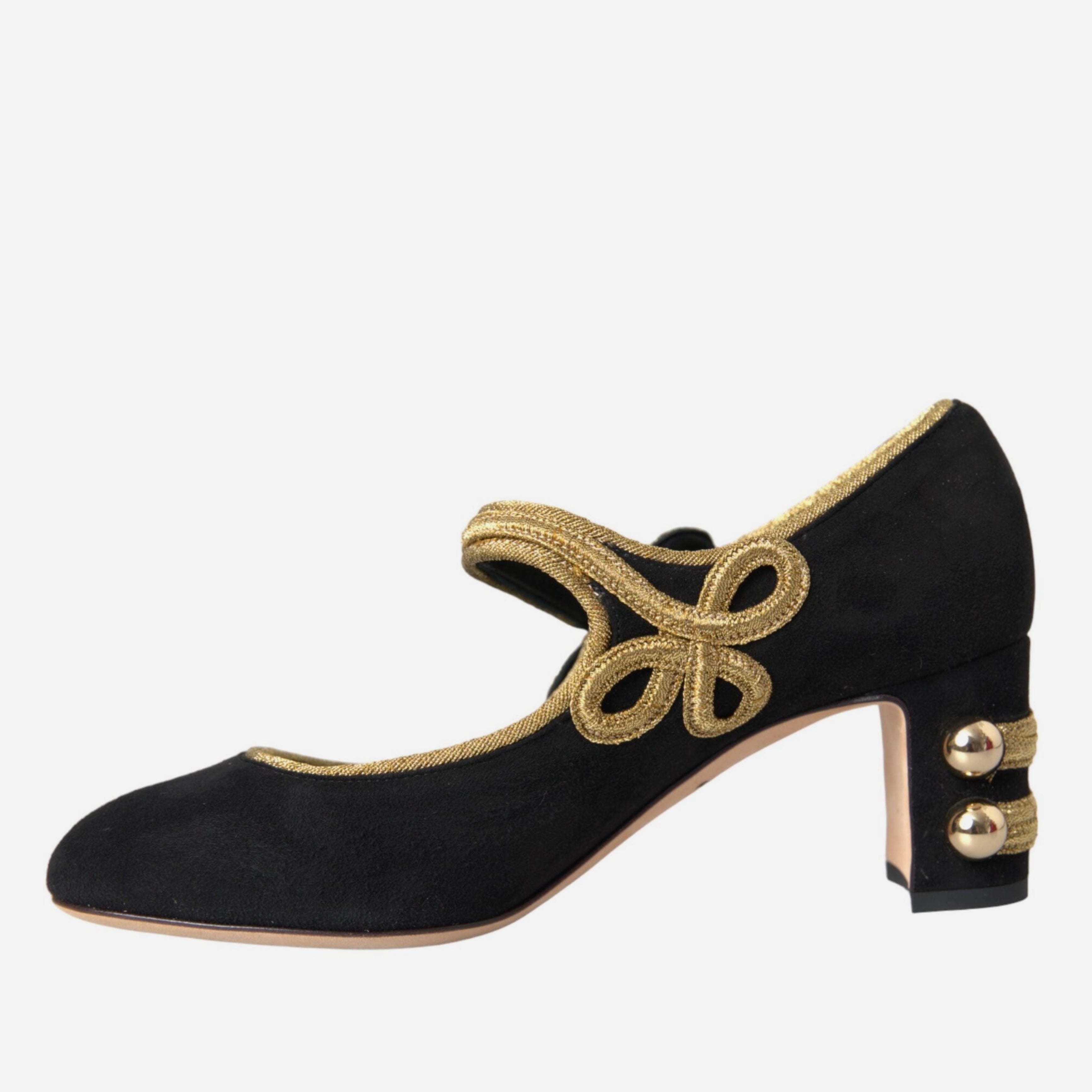 Дамски луксозни обувки на ток от естествен велур в черно и златно Dolce & Gabbana Women’s Black Suede Gold Mary Janes Heels