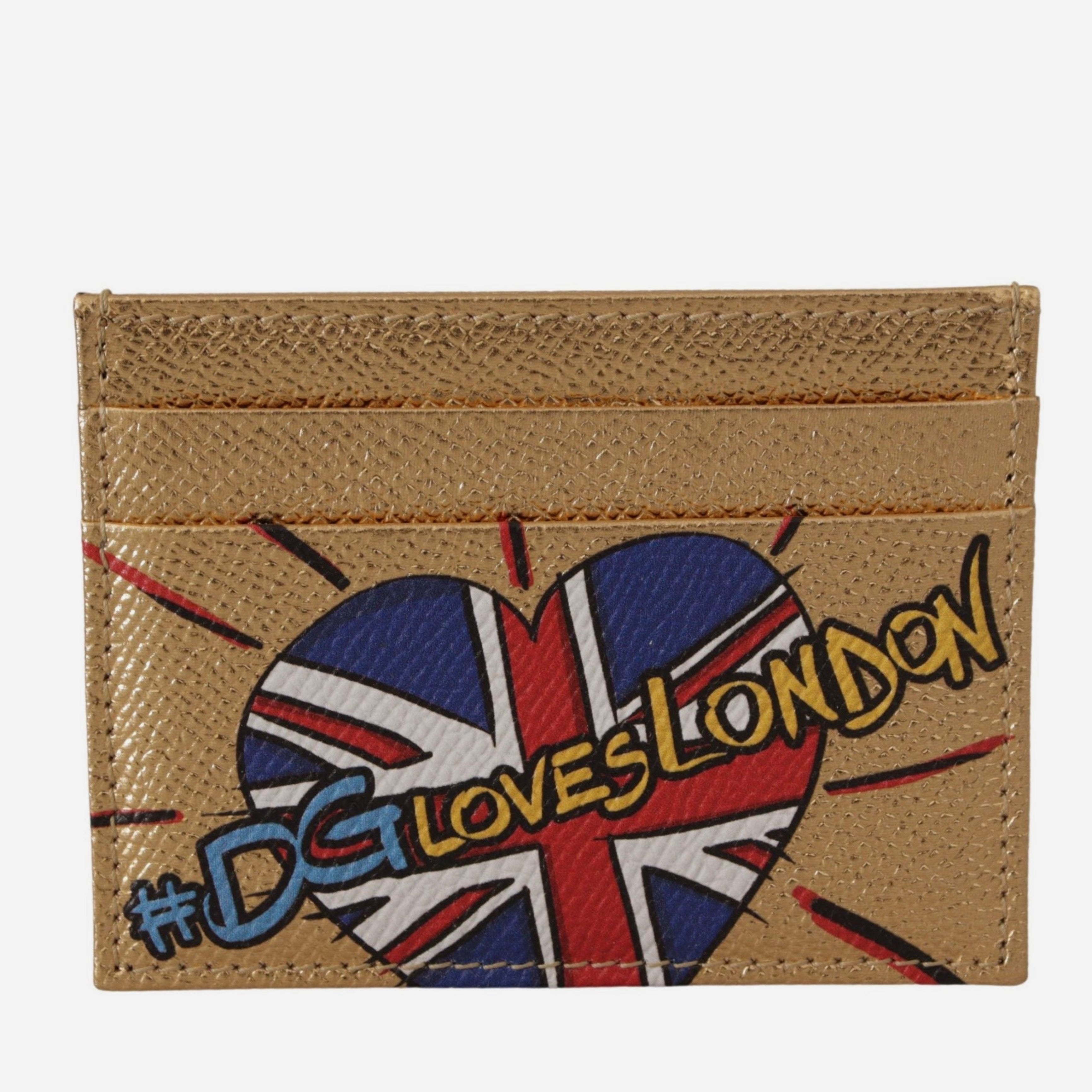 Луксозен картхолдър от естествена кожа в златисто #DGLovesLondon Dolce & Gabbana Unisex Luxury Gold Leather Cardholder