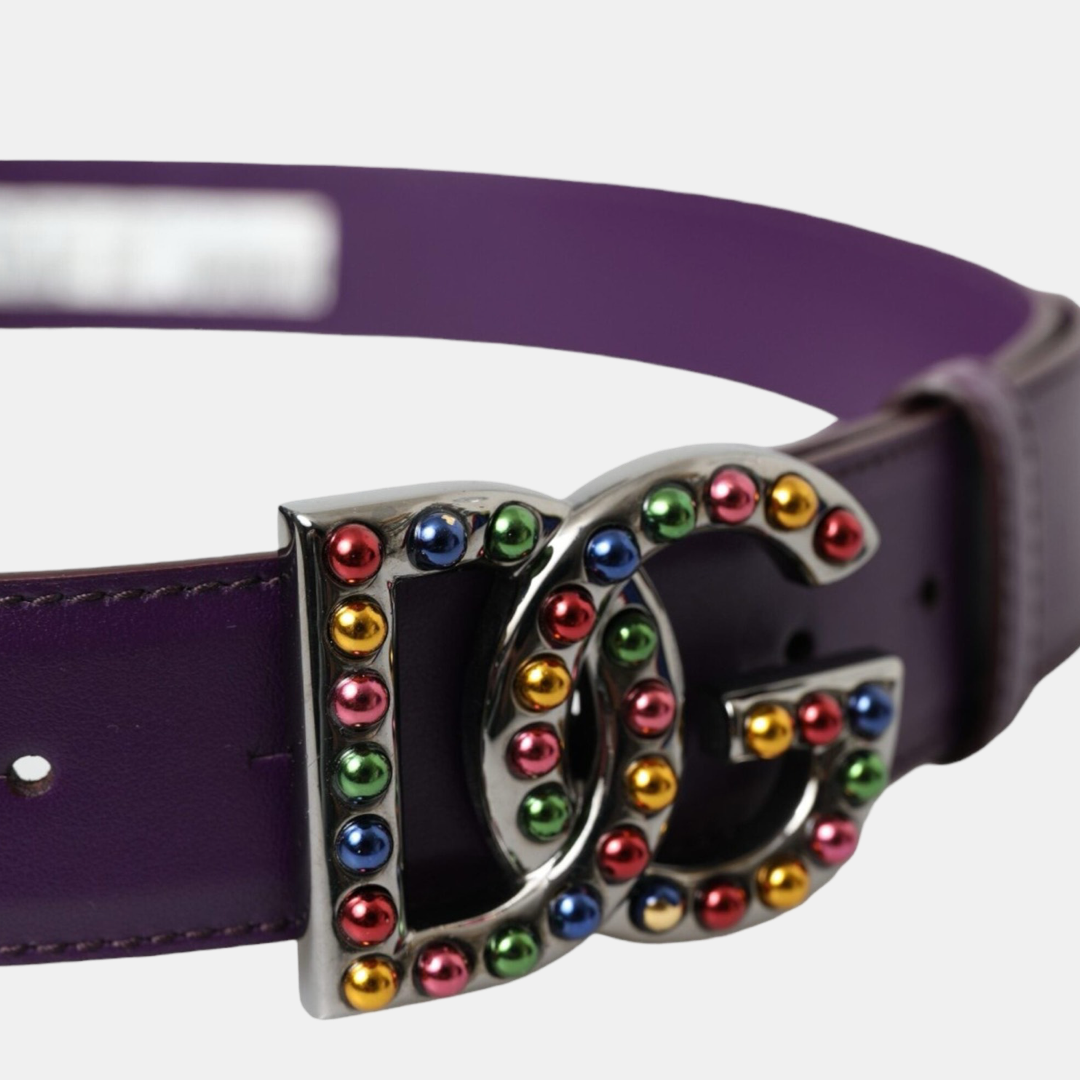 Дамски лилав колан Dolce & Gabbana Purple Leather DG Logo Studs Metal Buckle Belt