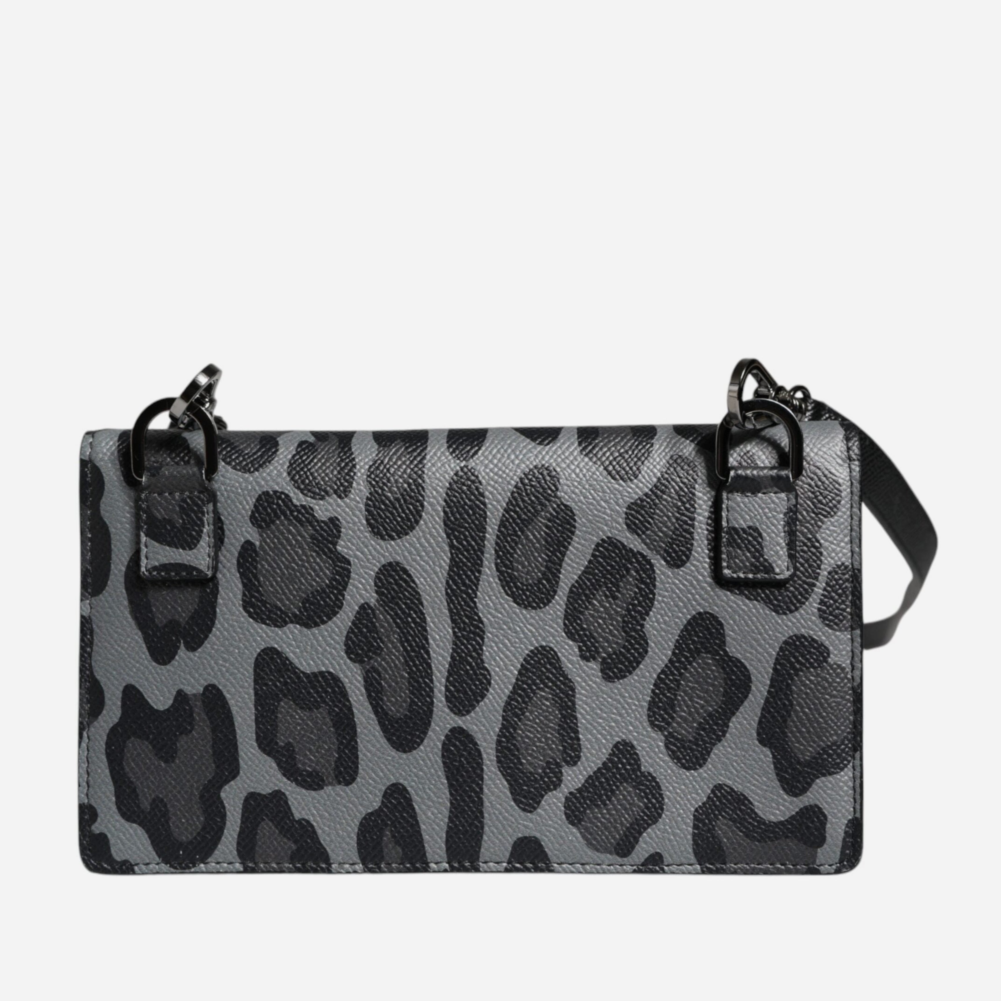 Дамска леопардова кросбоди чанта с място за карти от естествена кожа Dolce & Gabbana Women’s Black Gray Leopard Leather Bifold Card Slot Crossbody Bag