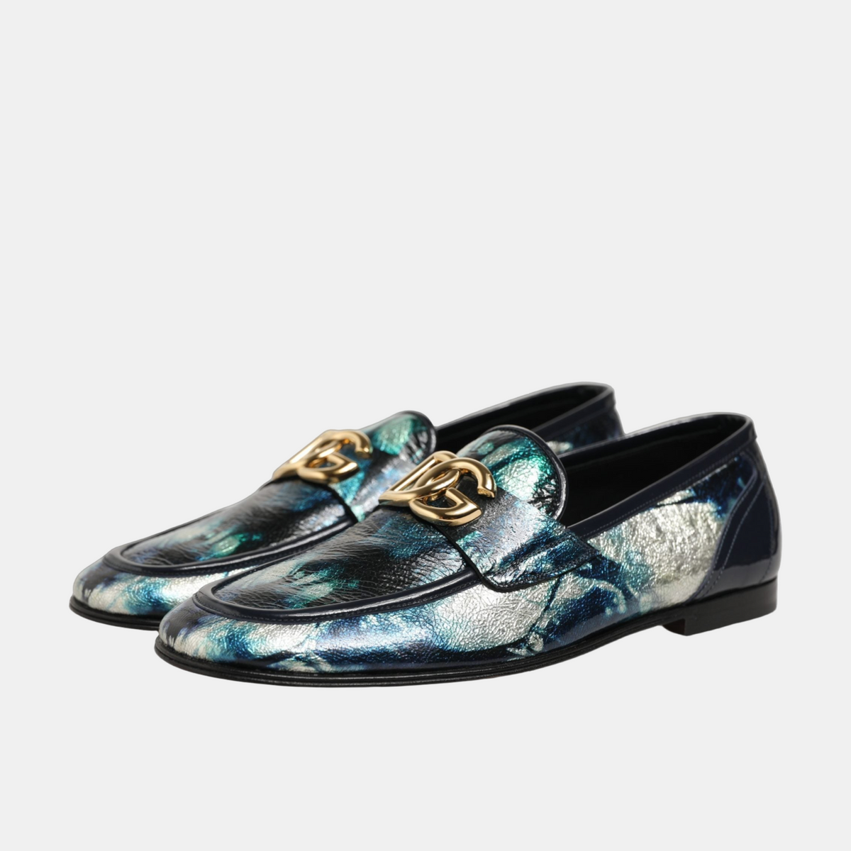 Dolce & Gabbana Metallic Blue Silver Leather DG Loafers Lateral View