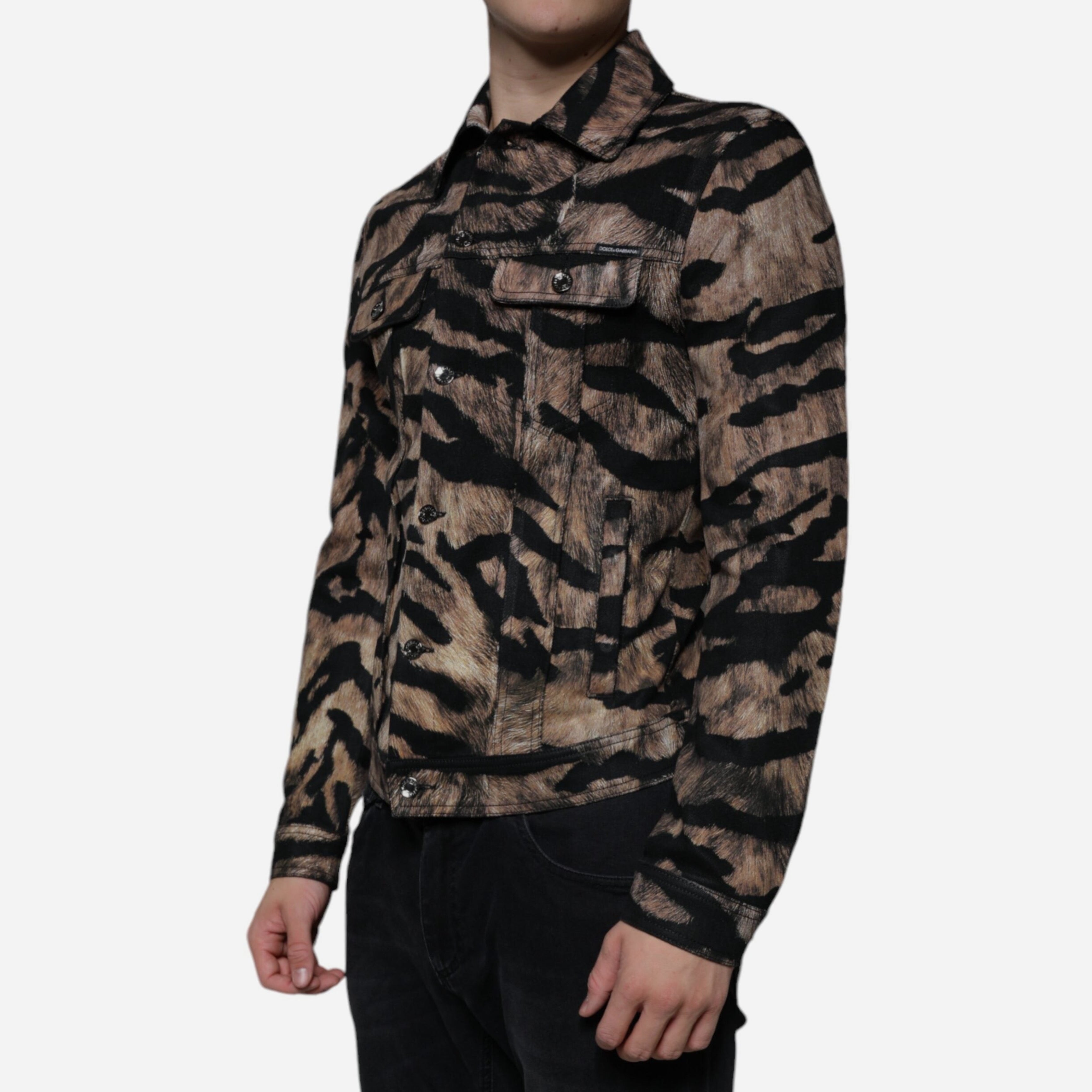 Мъжко луксозни дънково яке в кафява тигрова разцветка DOLCE & GABBANA Men’s Luxury Brown Tiger Button Down Cotton Stretch Jacket