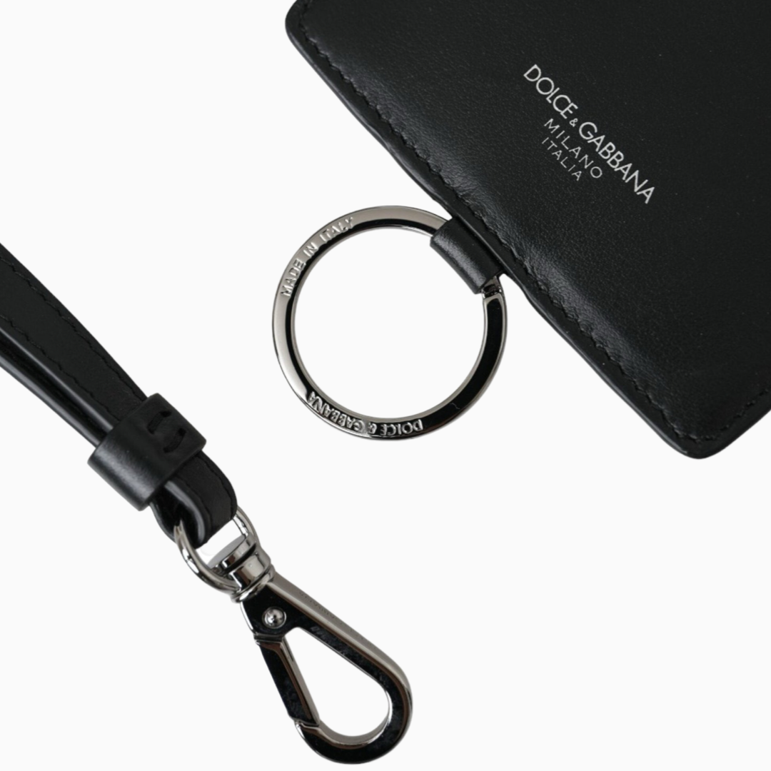 Мъжки кардхолдър Dolce & Gabbana Black Calf Leather Lanyard Logo Card Holder Men Wallet