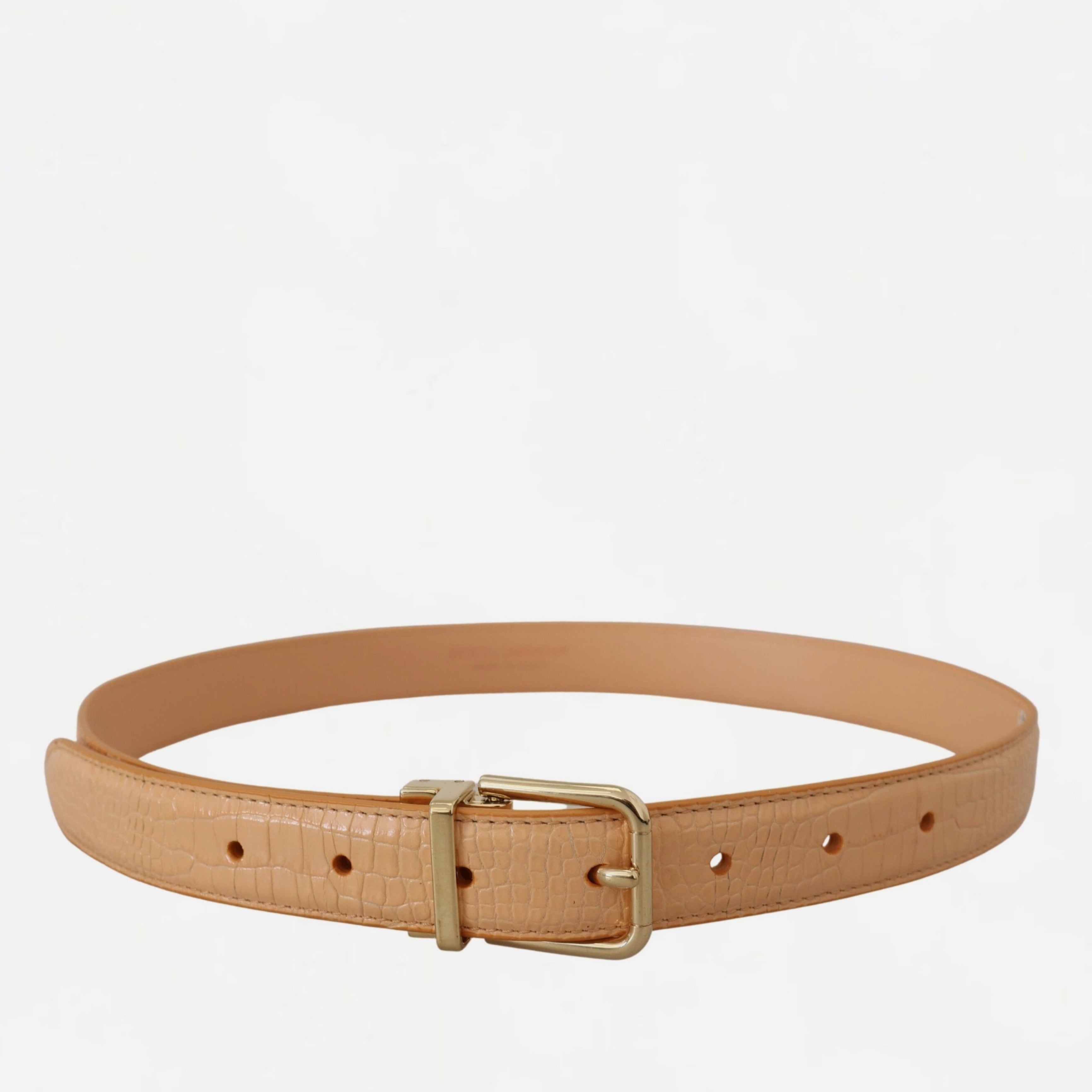 Дамски луксозен колан от естествена екзотична кожа Dolce & Gabbana Beige Exotic Leather Gold Metal Buckle Belt в бежово