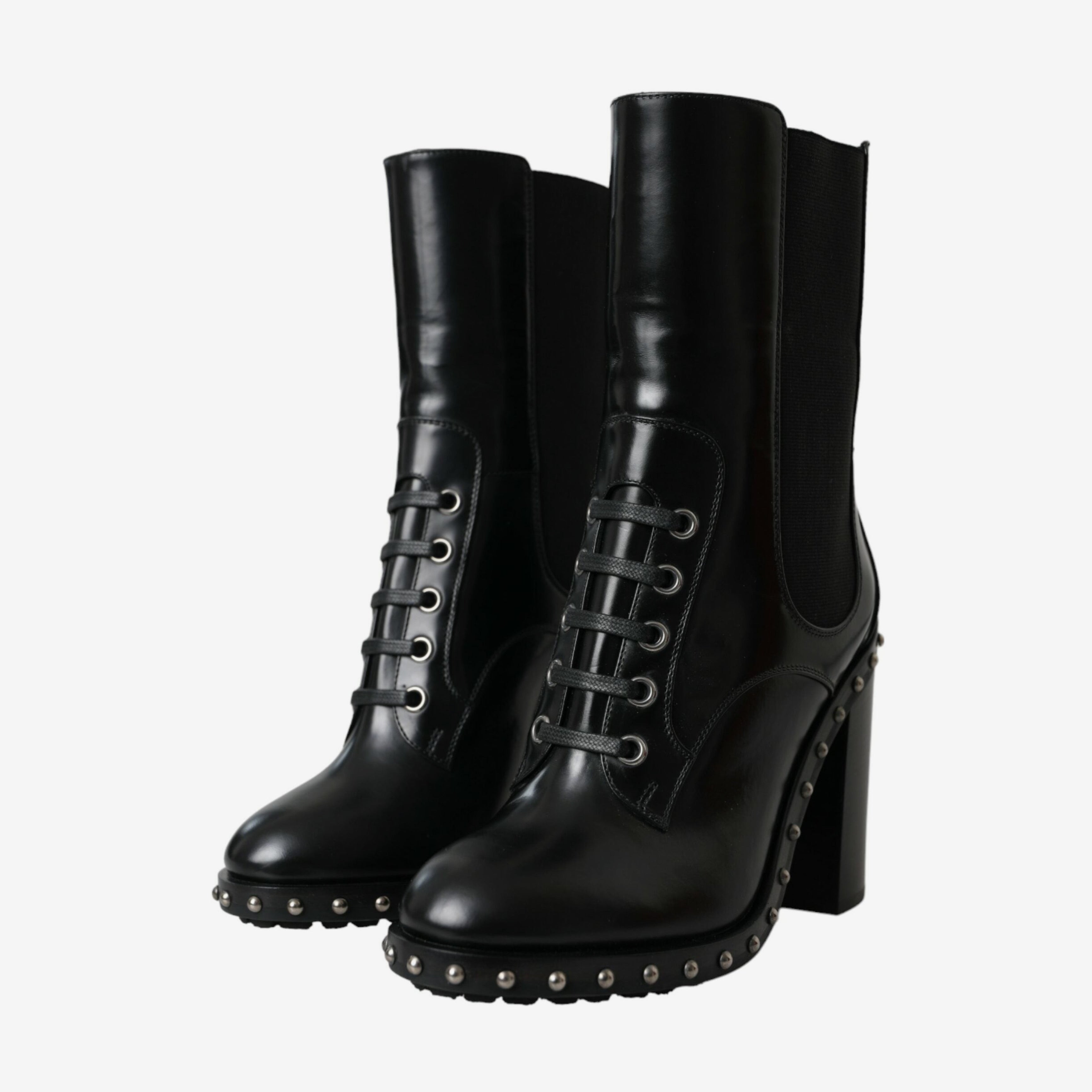 Дамски луксозни ботуши на висок ток от естествена кожа Dolce & Gabbana Women’s Black Leather Studded Lace Up Boots