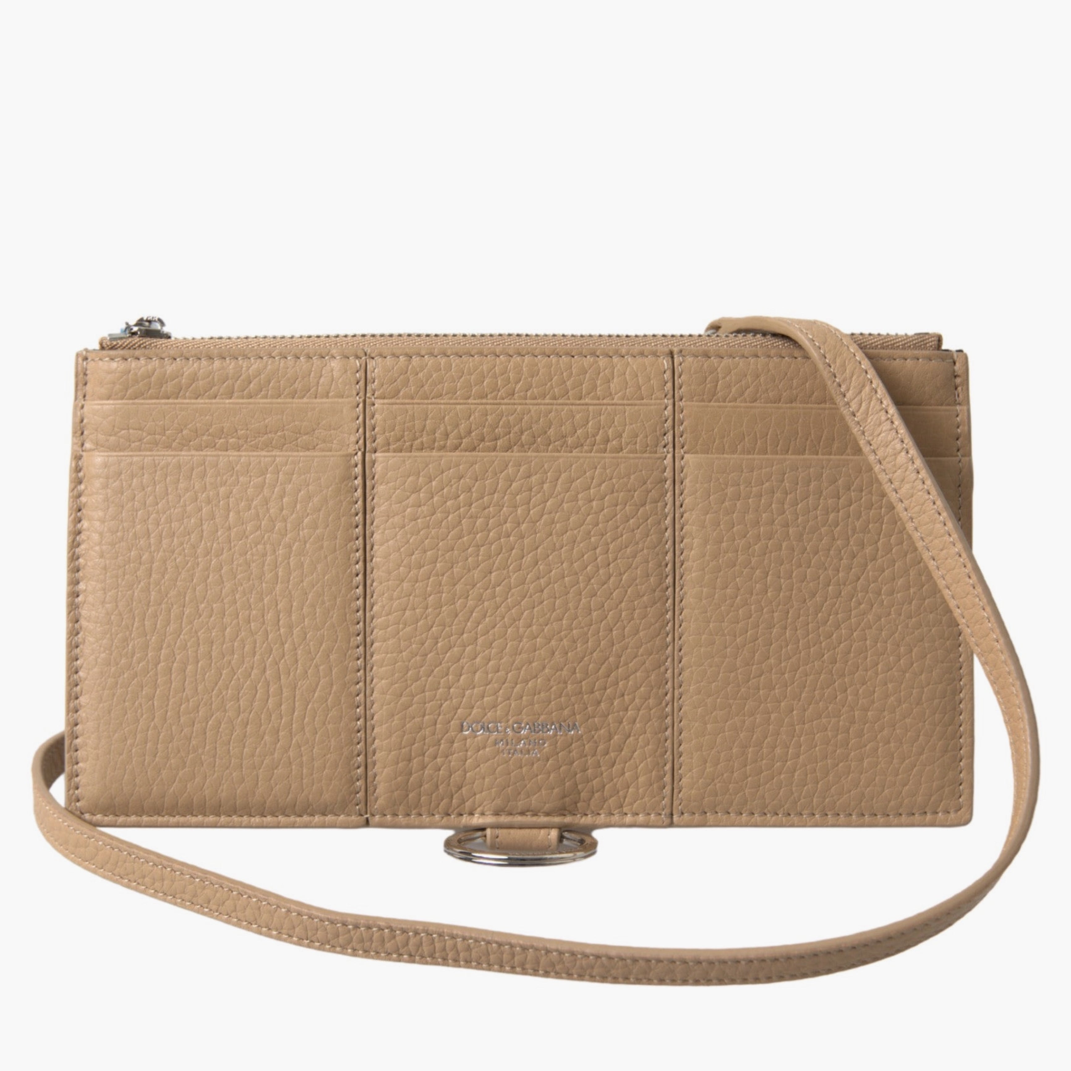 Дамско бежово луксозно портмоне с каишка от естествена кожа Dolce & Gabbana Women’s Elegant Beige Leather Wallet Cardholder with Detachable Strap