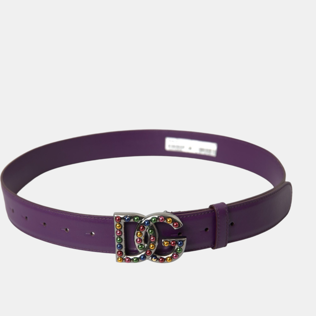 Дамски лилав колан Dolce & Gabbana Purple Leather DG Logo Studs Metal Buckle Belt