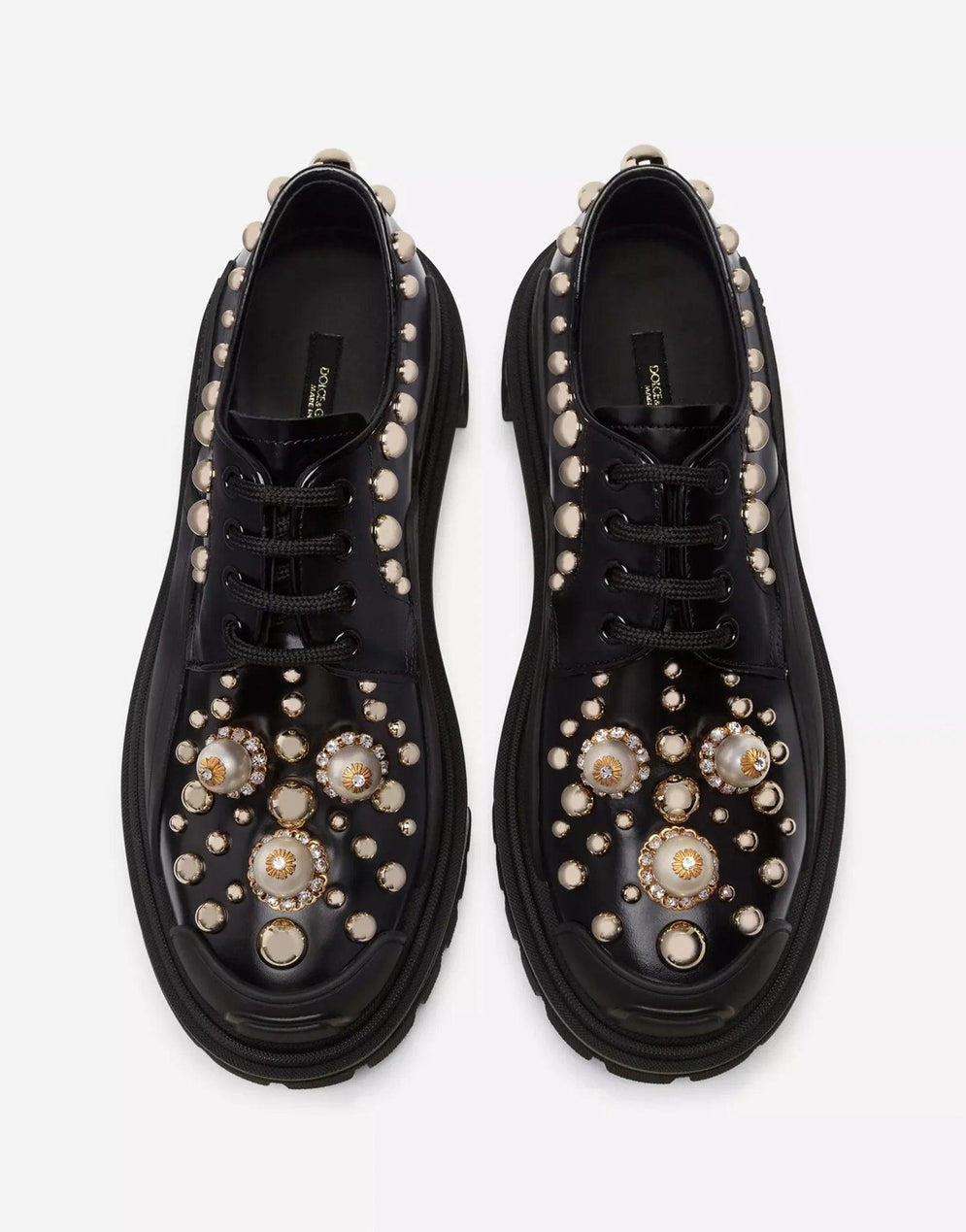 Дамски екстравагантни дизайнерски обувки в черно Dolce & Gabbana Women’s Black Leather Trekking Derby Embellished Shoes