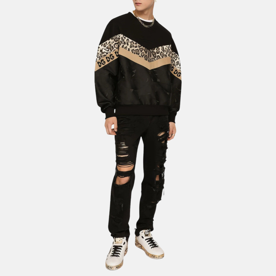 Мъжка блуза Dolce & Gabbana Black Leopard Crew Neck Sweatshirt