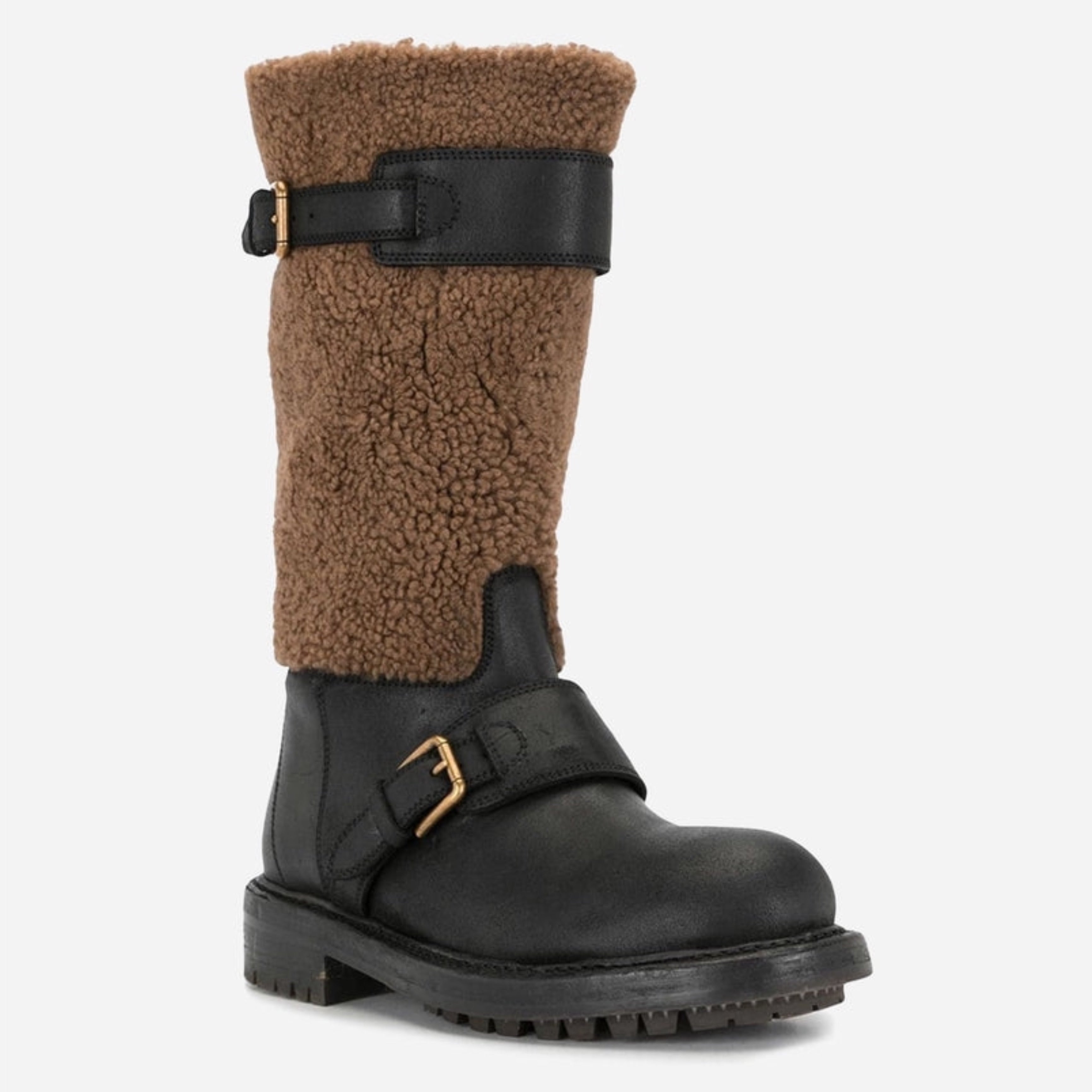 Мъжки луксозни гвардейски ботуши с овча вълна Dolce&Gabbana Black Shearling Leather Long Boots