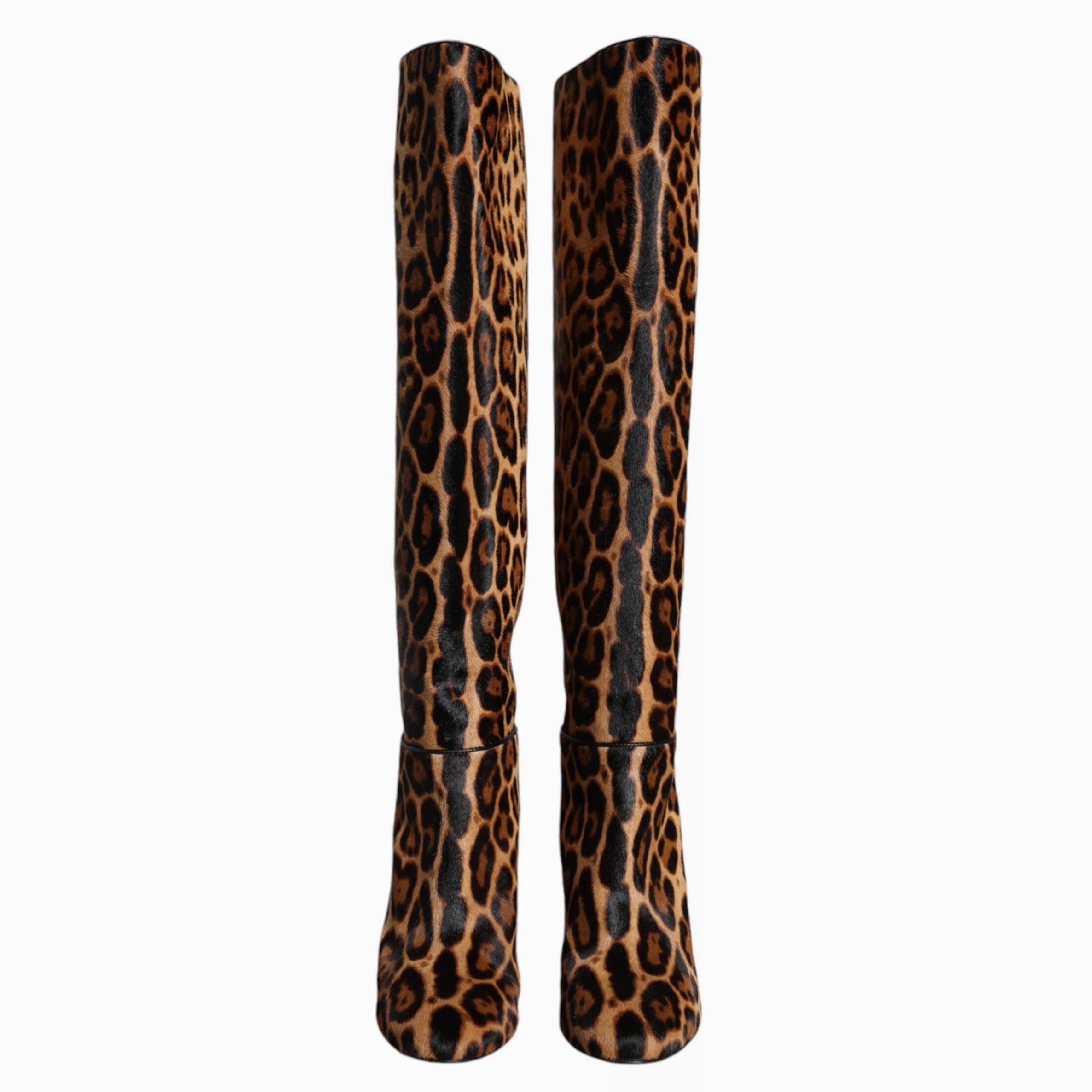 Дамски луксозни високи леопардови ботуши Dolce & Gabbana Women’s Beige Black Leopard Knee High Boots