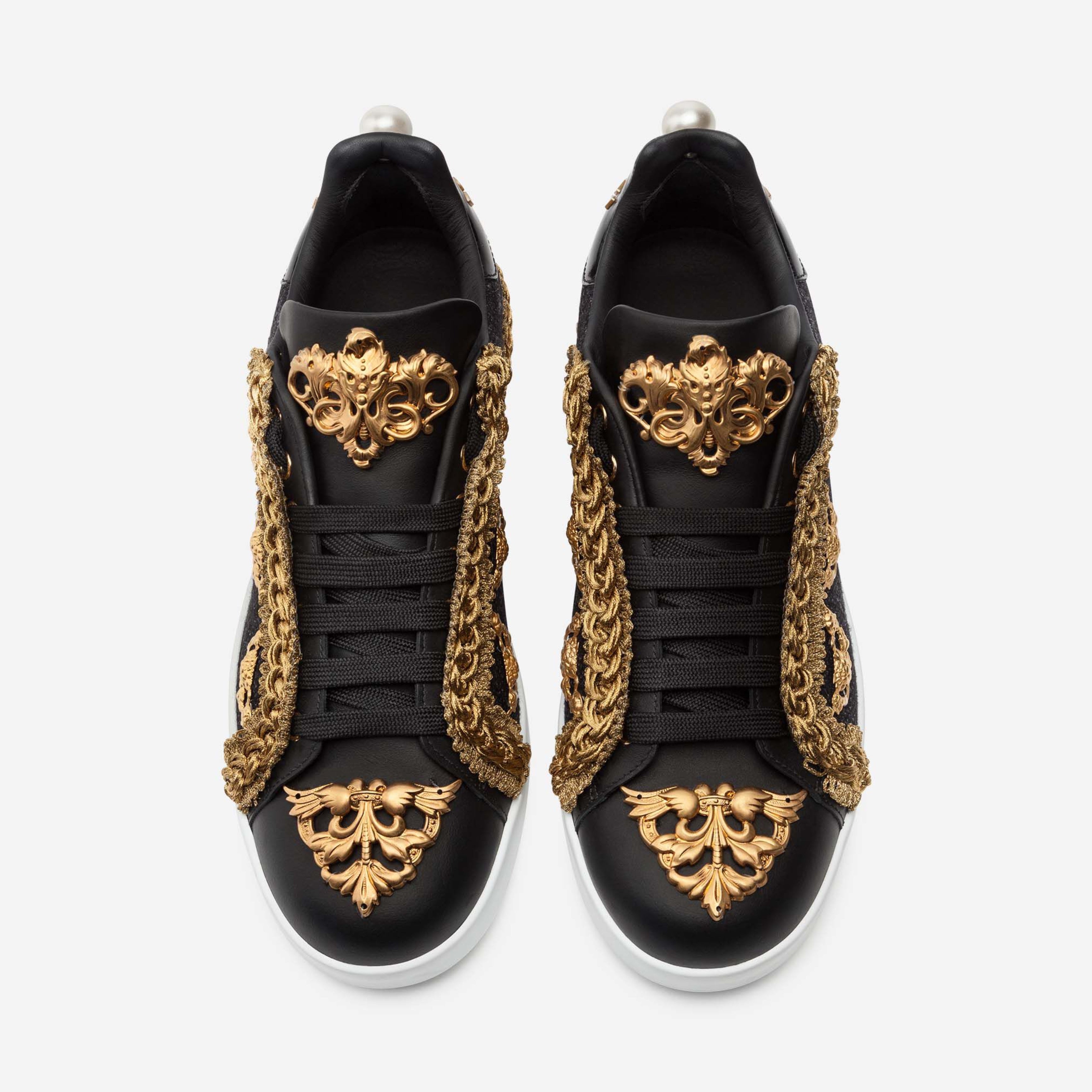 Дамски луксозни кецове Dolce & Gabbana Women’s Portofino Leather Sneakers in Black/Gold