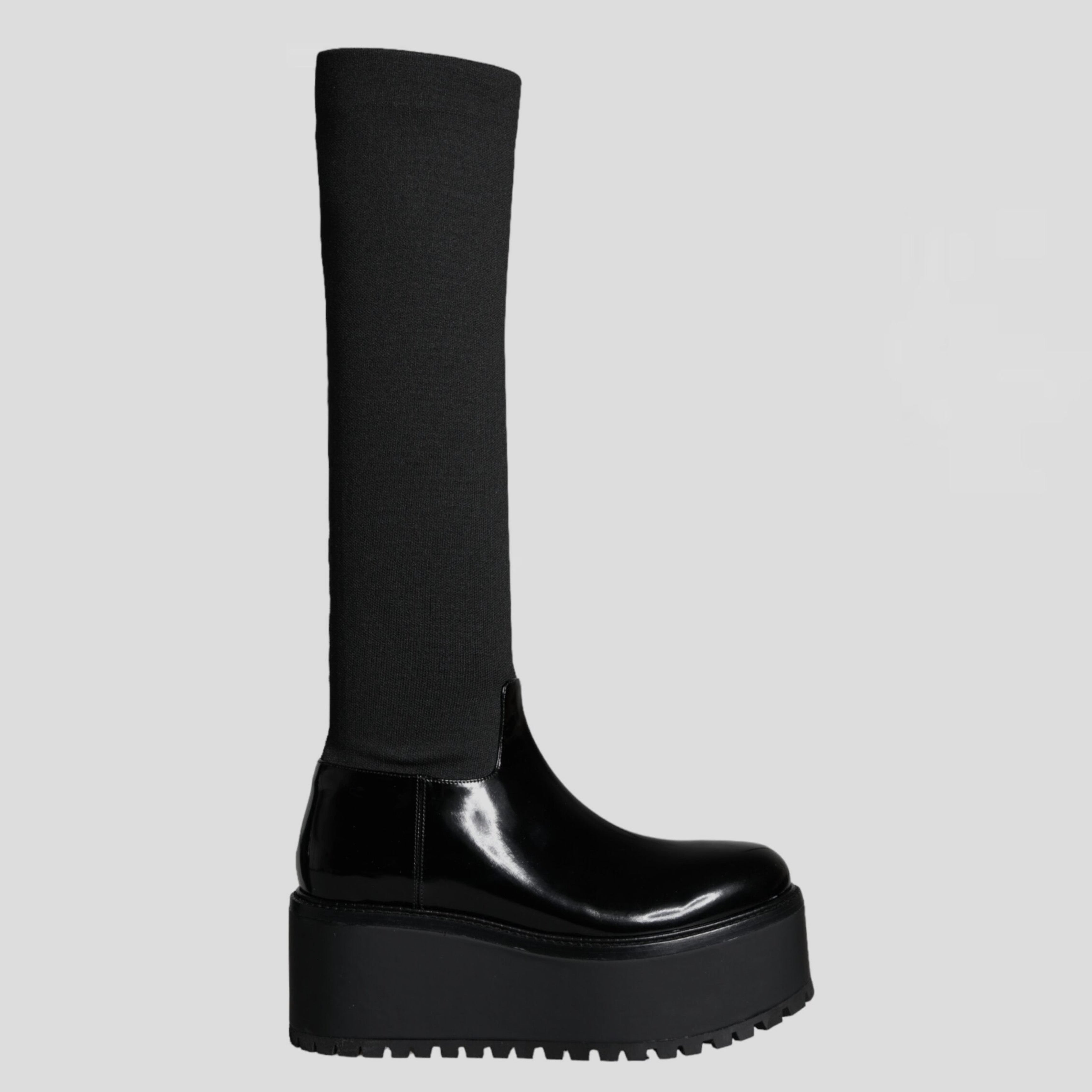 Дамски екстравагантни високи ботуши на висока платформа в черно Dolce & Gabbana Women’s Black Leather Jersey Knee High Boots