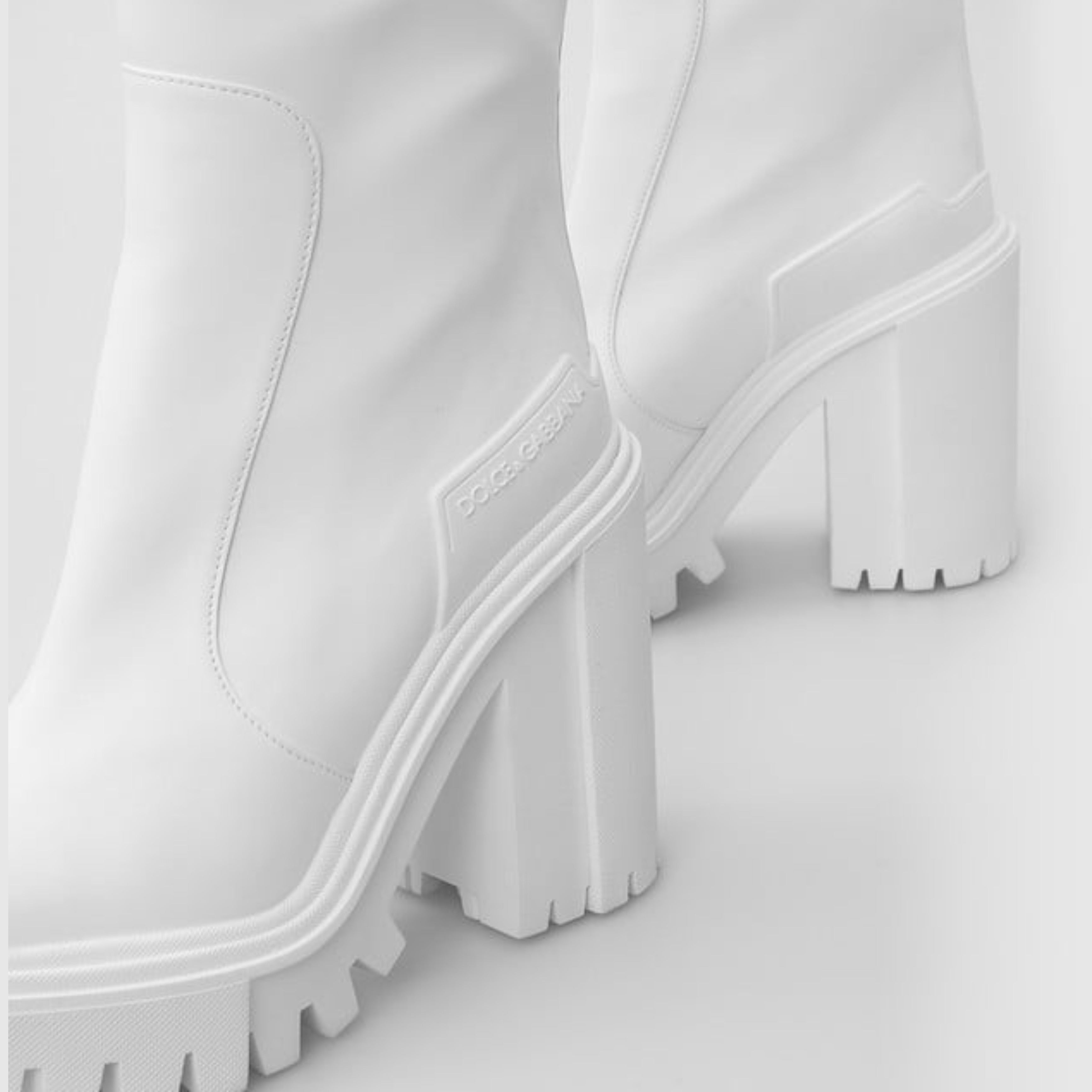 Дамски луксозни ботушу до коляното в бяло Dolce & Gabbana Women’s White Cotton Logo Heels Knee High Boots