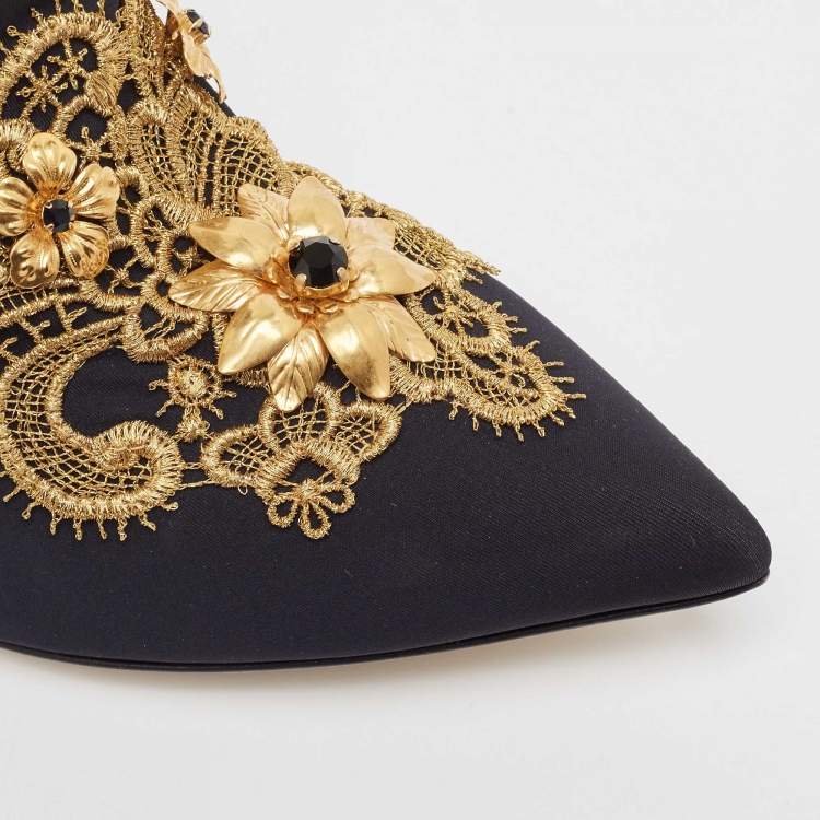 Дамски боти на ток 10 см Women’s ankle boots on heels 10 cm with embroidery and crystals DOLCE & GABBANA CT0479 AZ475 89718 Black and Gold close up view