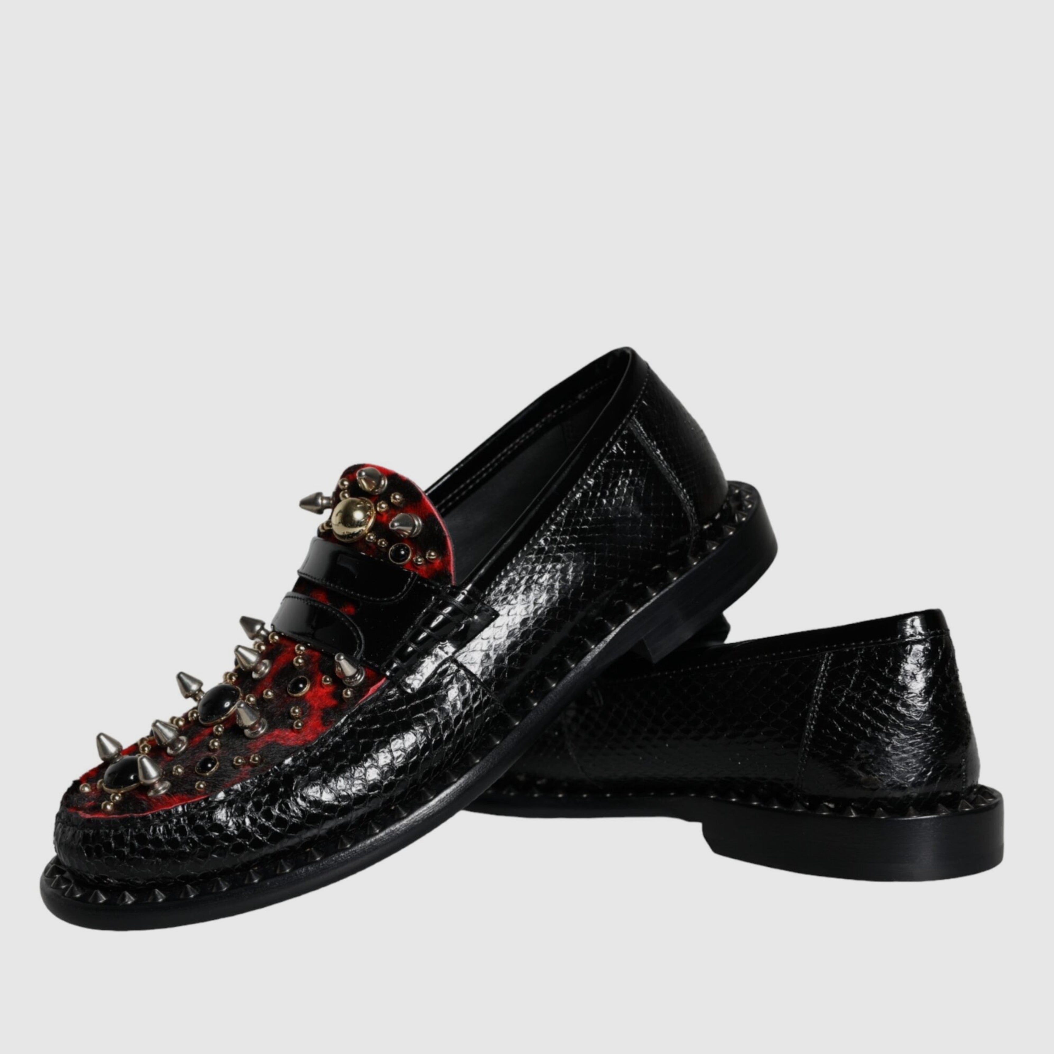 Мъжки лимитирани екстравагантни мокасини лоуфъри Dolce & Gabbana Men’s Black Leopard Print Studs Leather Loafers