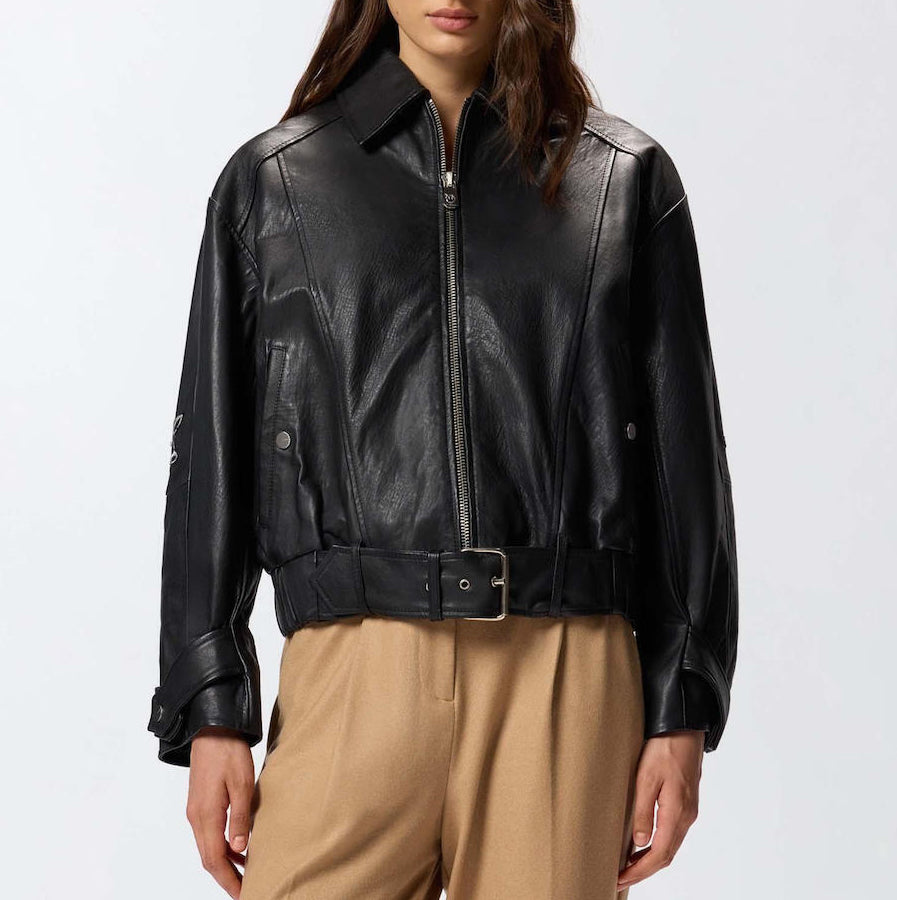 Дамско кожено яке с бродерия Women’s embroidered leather jacket PINKO 105793 A2U7 Z99 Black front view