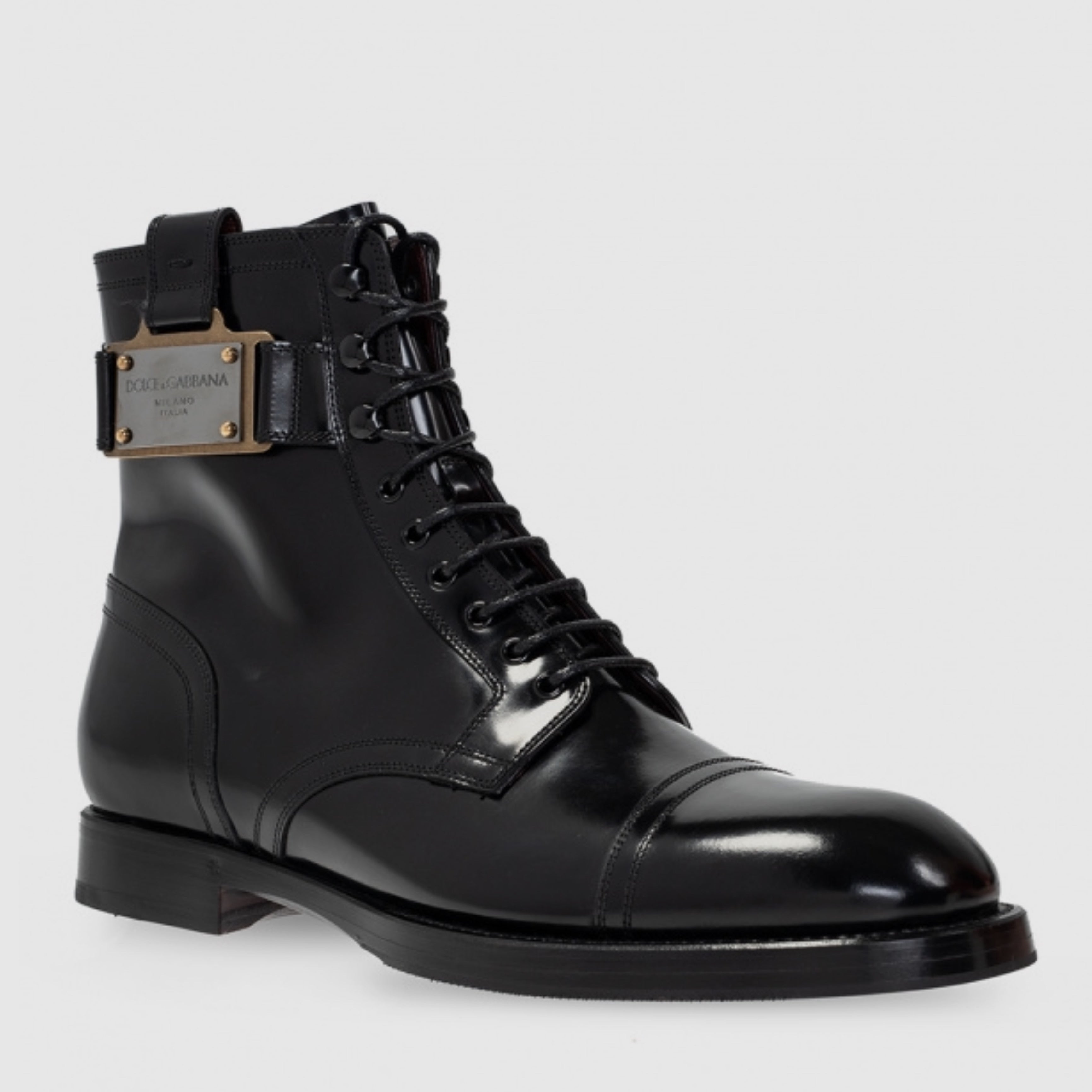 Мъжки луксозни боти кубинки от естествена кожа Dolce & Gabbana Men’s Black Logo Lace Up Mid Calf Boots