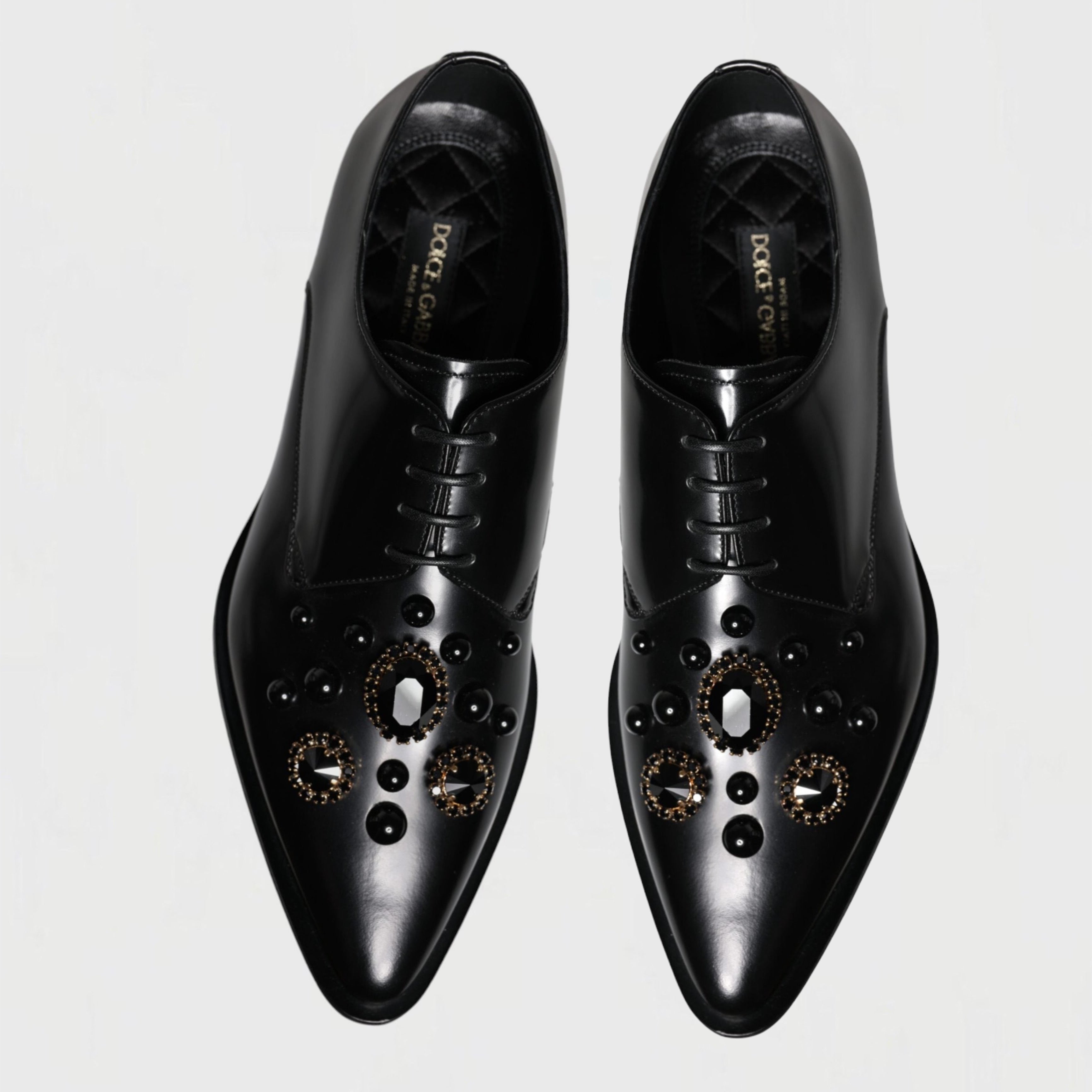 Мъжки луксозни официални дерби обувки с кристали DOLCE & GABBANA Women’s Black Leather Crystal Formal Derby Shoes