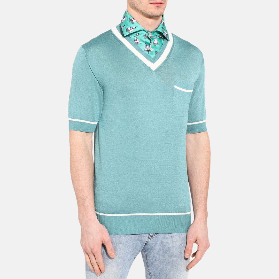 Мъжка копринена поло тениска Dolce & Gabbana Silk Polo Tee with Boat Collar Print