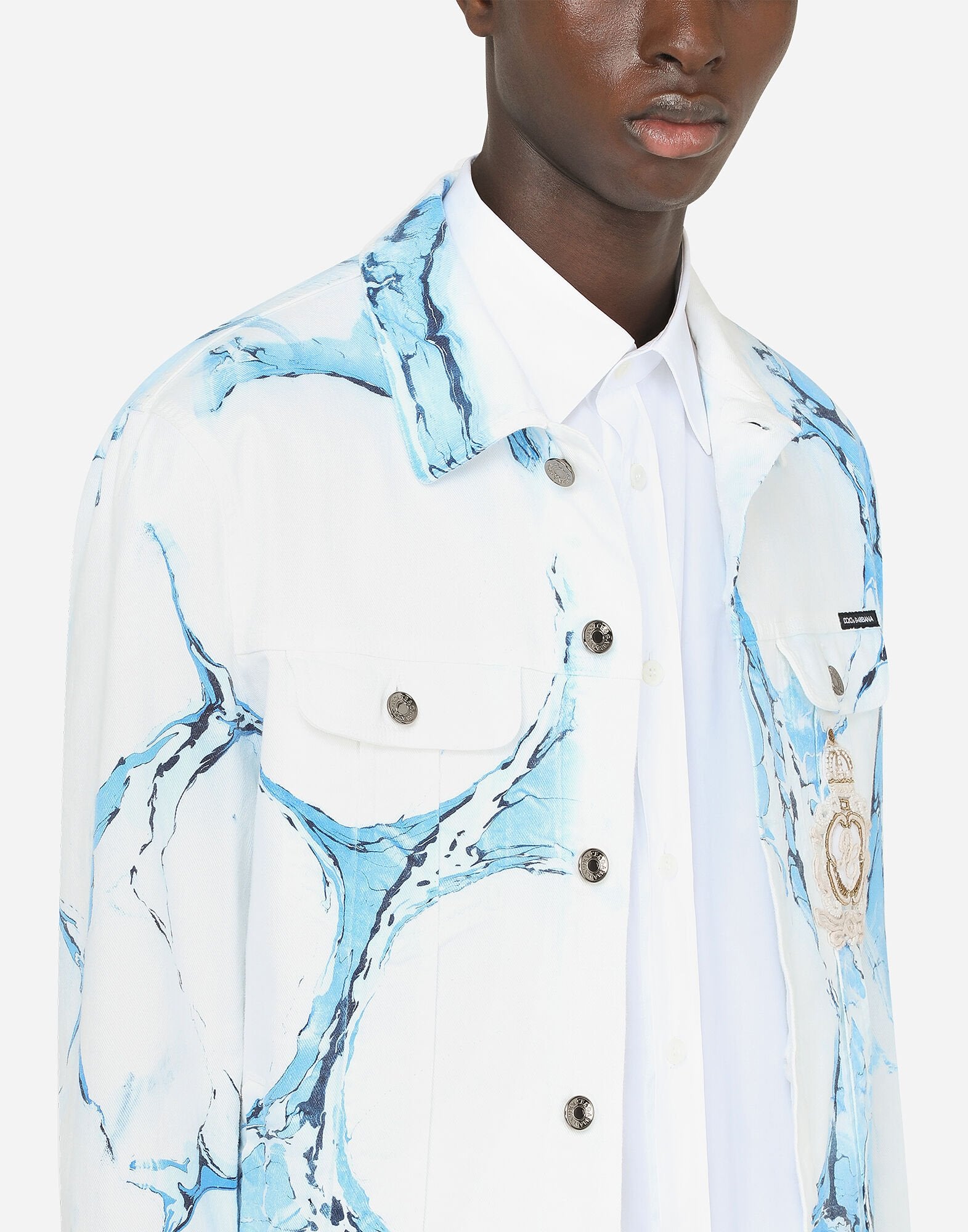 Мъжко луксозно бяло дънково яке Dolce & Gabbana Luxury White Denim Jacket with Embroidery