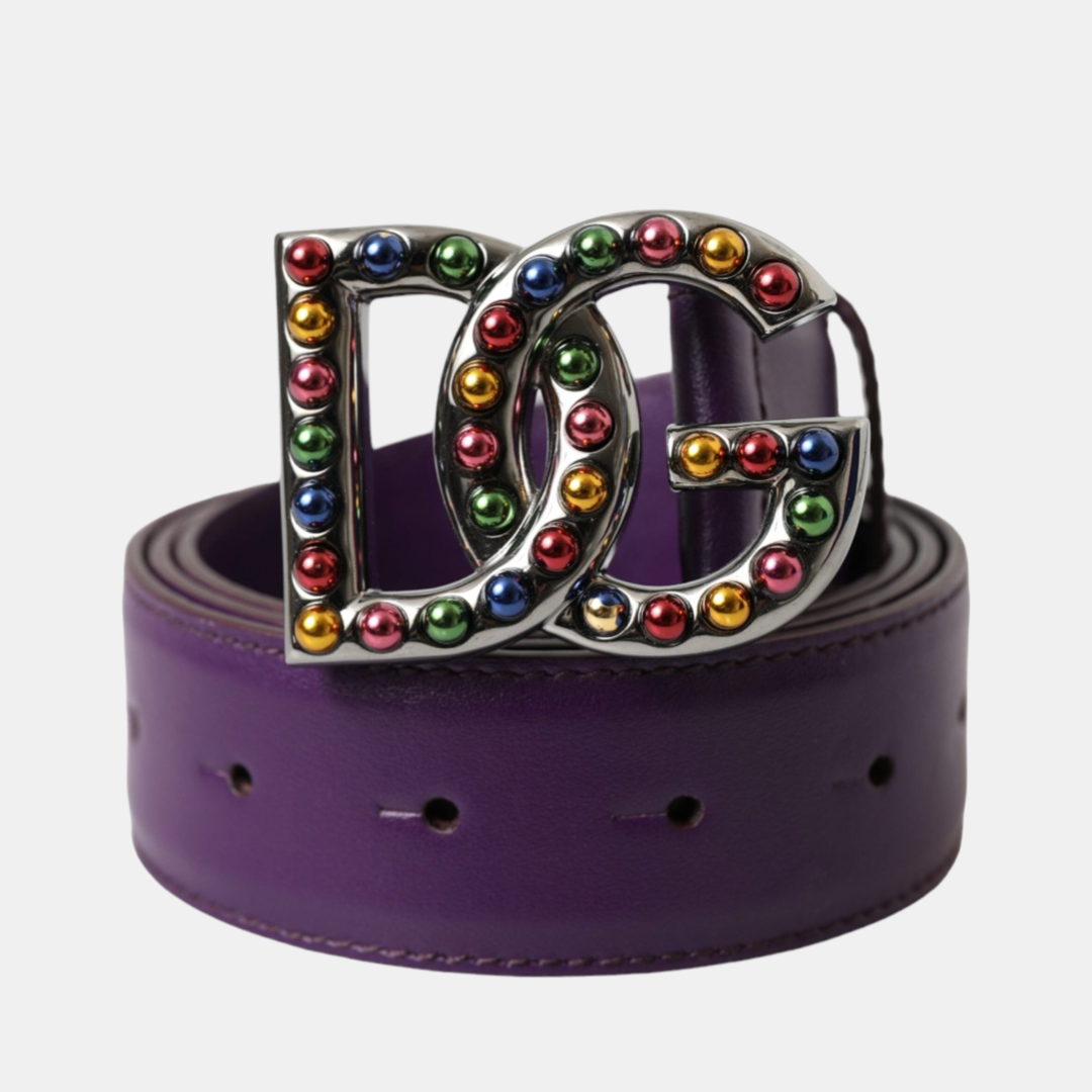 Дамски лилав колан Dolce & Gabbana Purple Leather DG Logo Studs Metal Buckle Belt