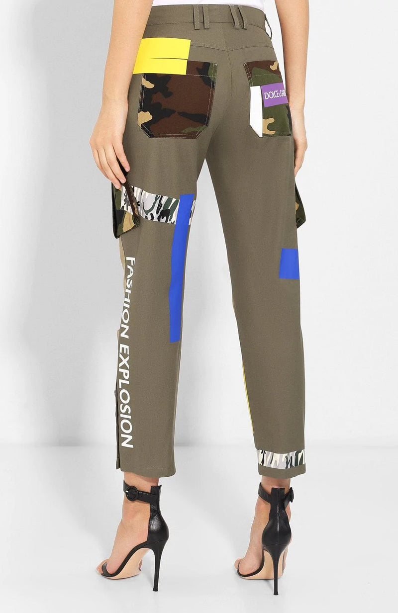 Дамски луксозни пачуърк карго панталони в милитари зелено Dolce & Gabbana Women’s Chic Patchwork Cargo Pants