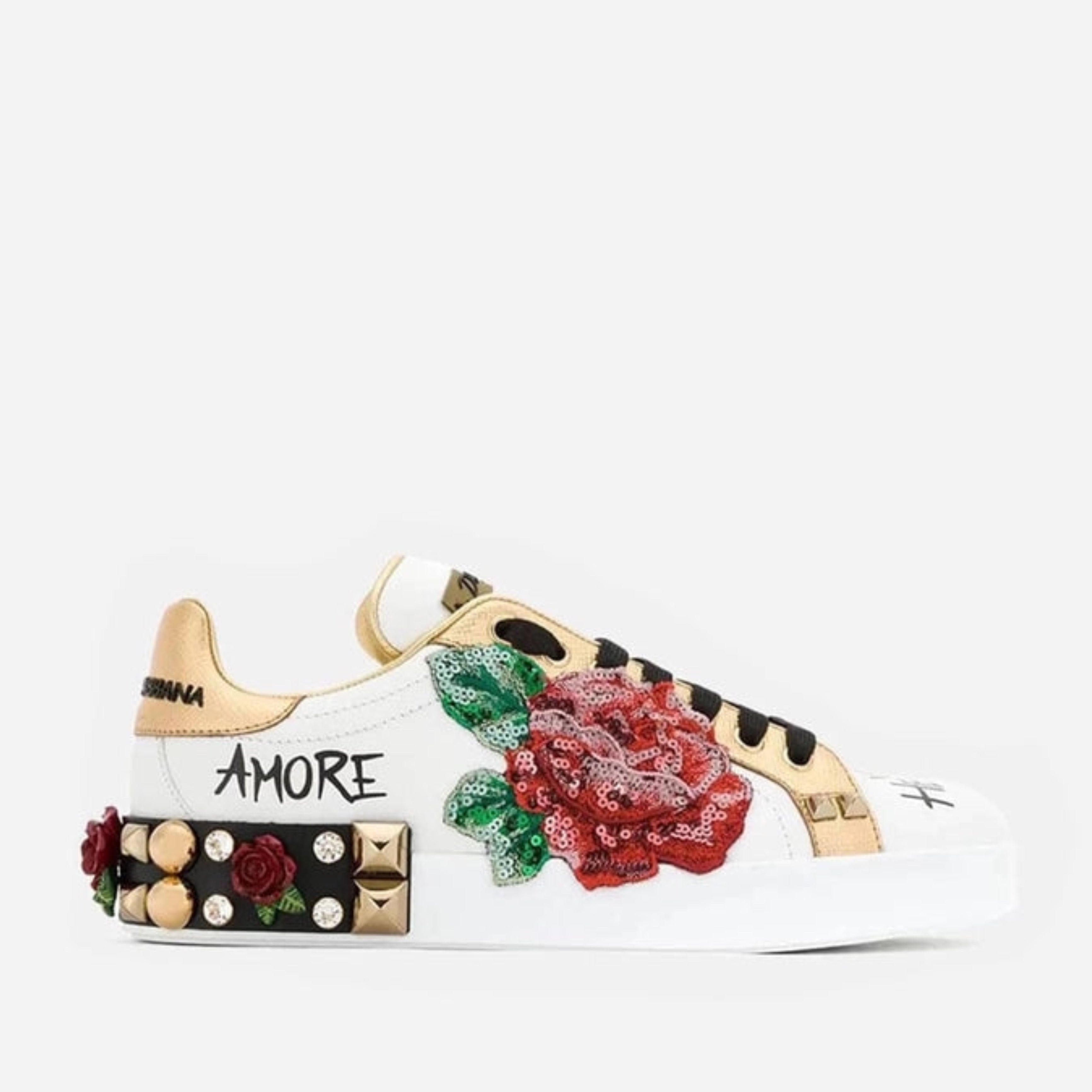 Дамски луксозни кецове с апликации Dolce & Gabbana Elegant Sequined Floral Leather Sneakers