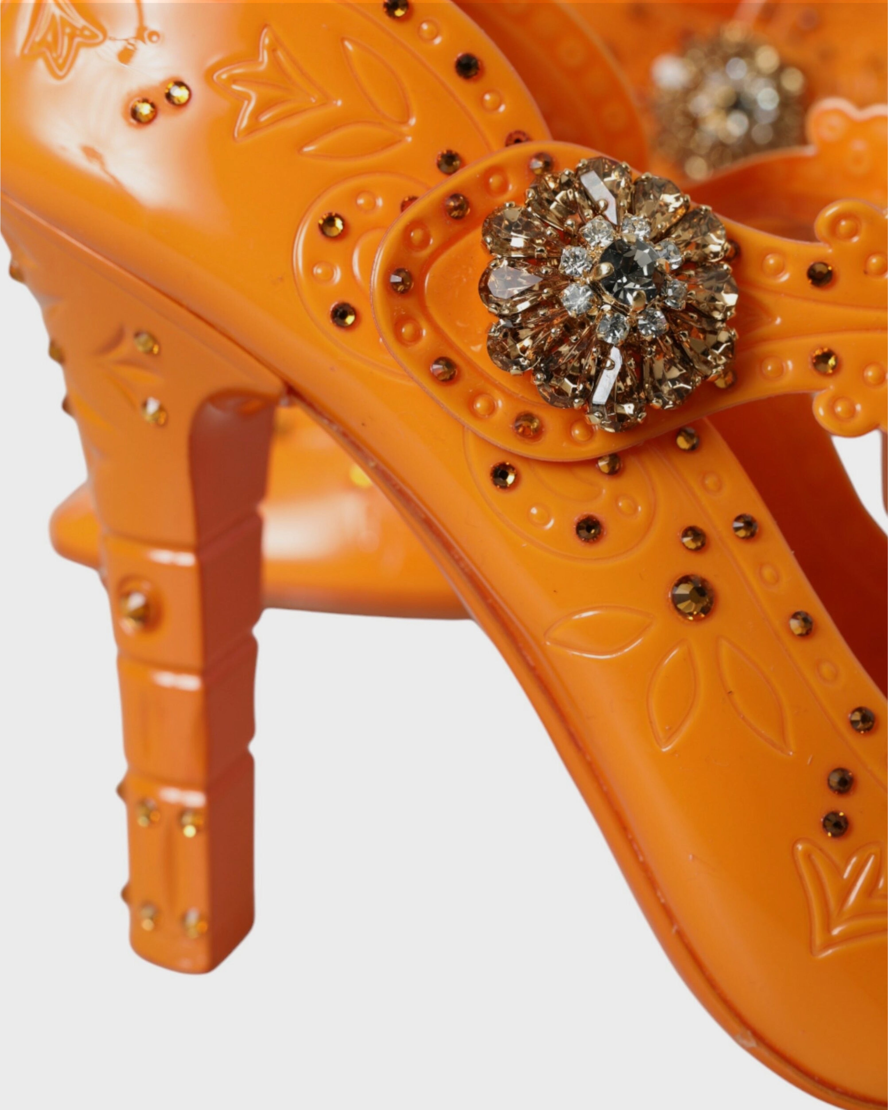 Дамски луксозни обувки на висок ток в оранжево Dolce & Gabbana Women’s CINDERELLA Floral Crystal Orange Heels