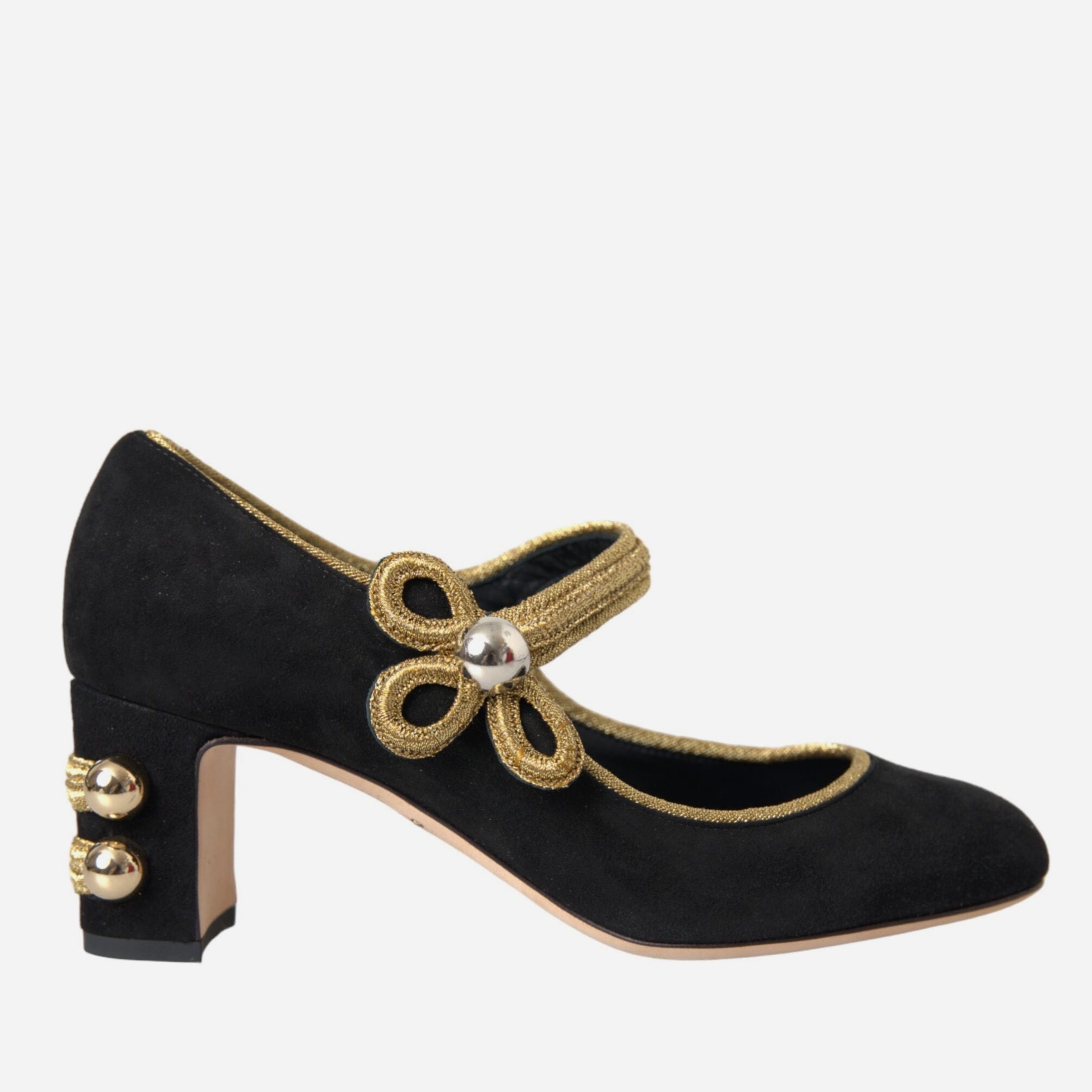 Дамски луксозни обувки на ток от естествен велур в черно и златно Dolce & Gabbana Women’s Black Suede Gold Mary Janes Heels