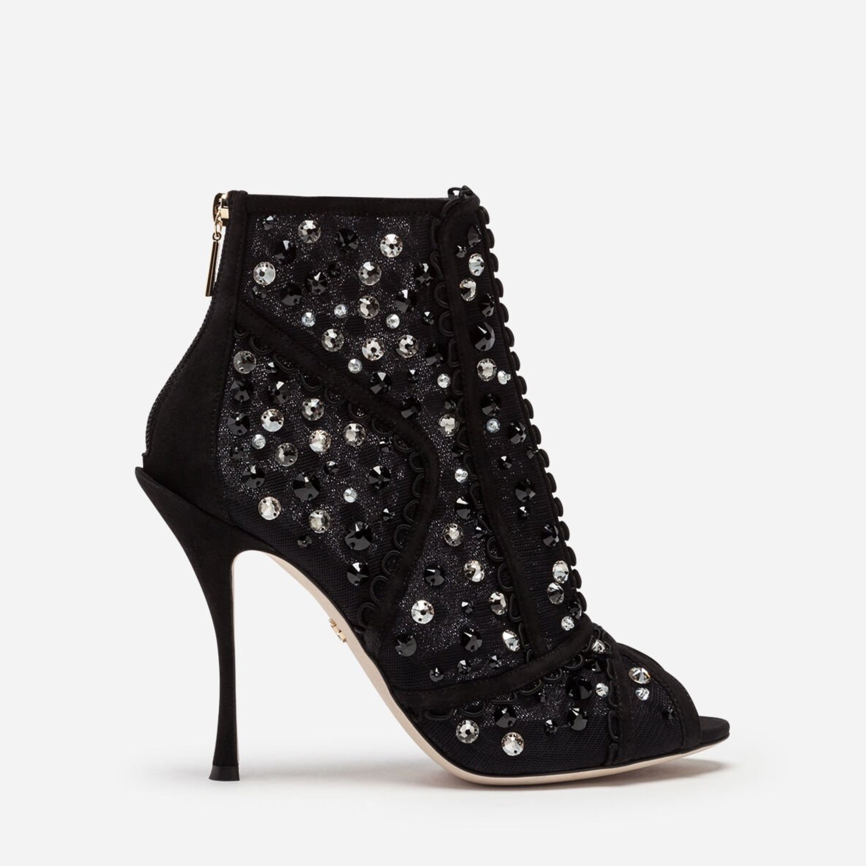 Дамски боти на висок ток в черно с камъни DOLCE & GABBANA Women’s Embellished Crystal Ankle Boots