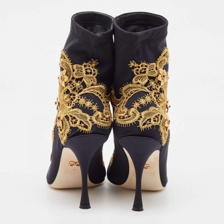 Дамски боти на ток 10 см Women’s ankle boots on heels 10 cm with embroidery and crystals DOLCE & GABBANA CT0479 AZ475 89718 Black and Gold back view