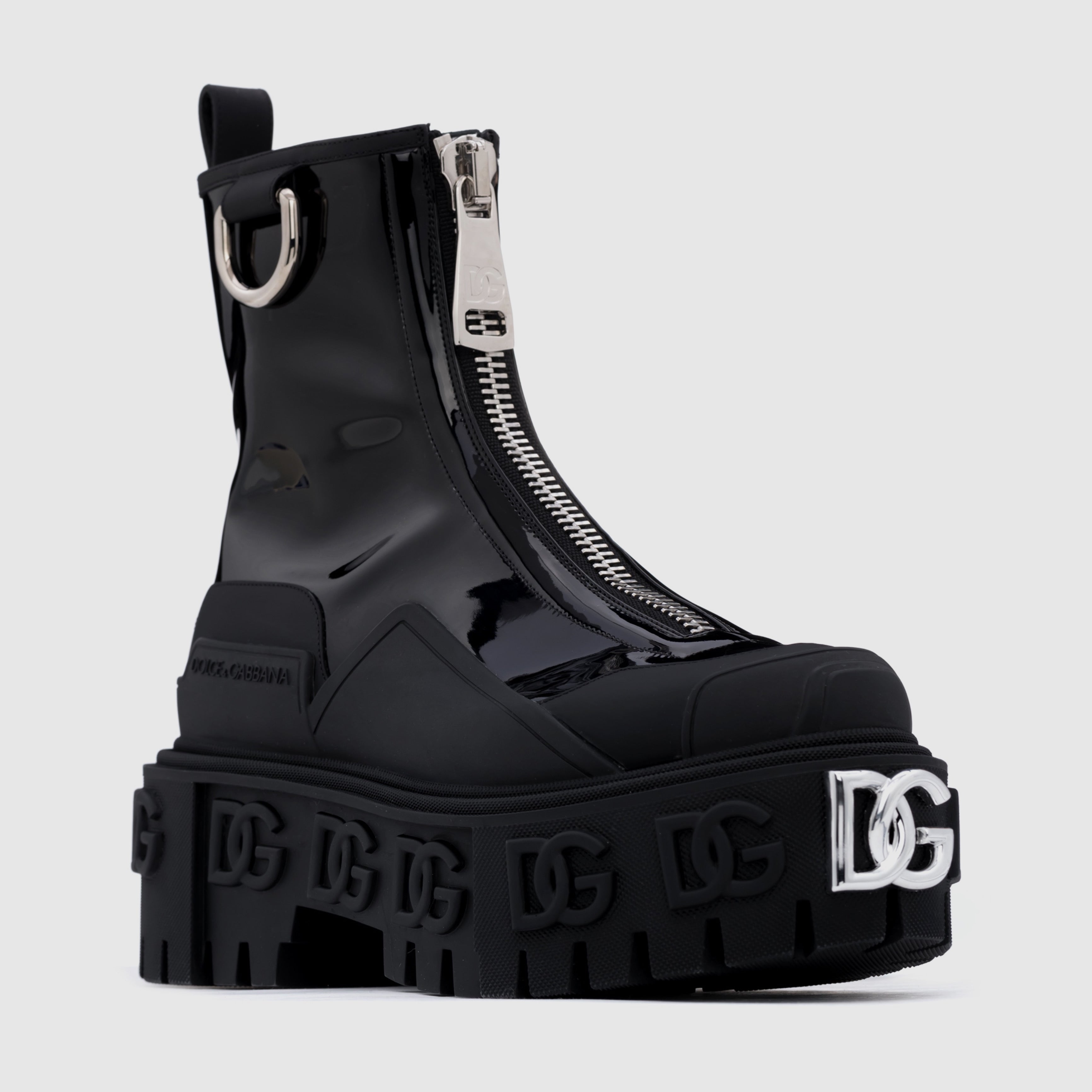 Дамски луксозни боти на висока платформа в черно Dolce & Gabbana Women Black Leather Rubber Logo Ankle Boots