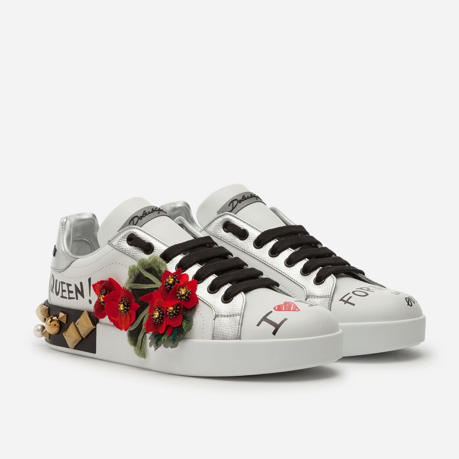 Dolce & Gabbana Portofino Floral Studded Women Sneakers Lateral View