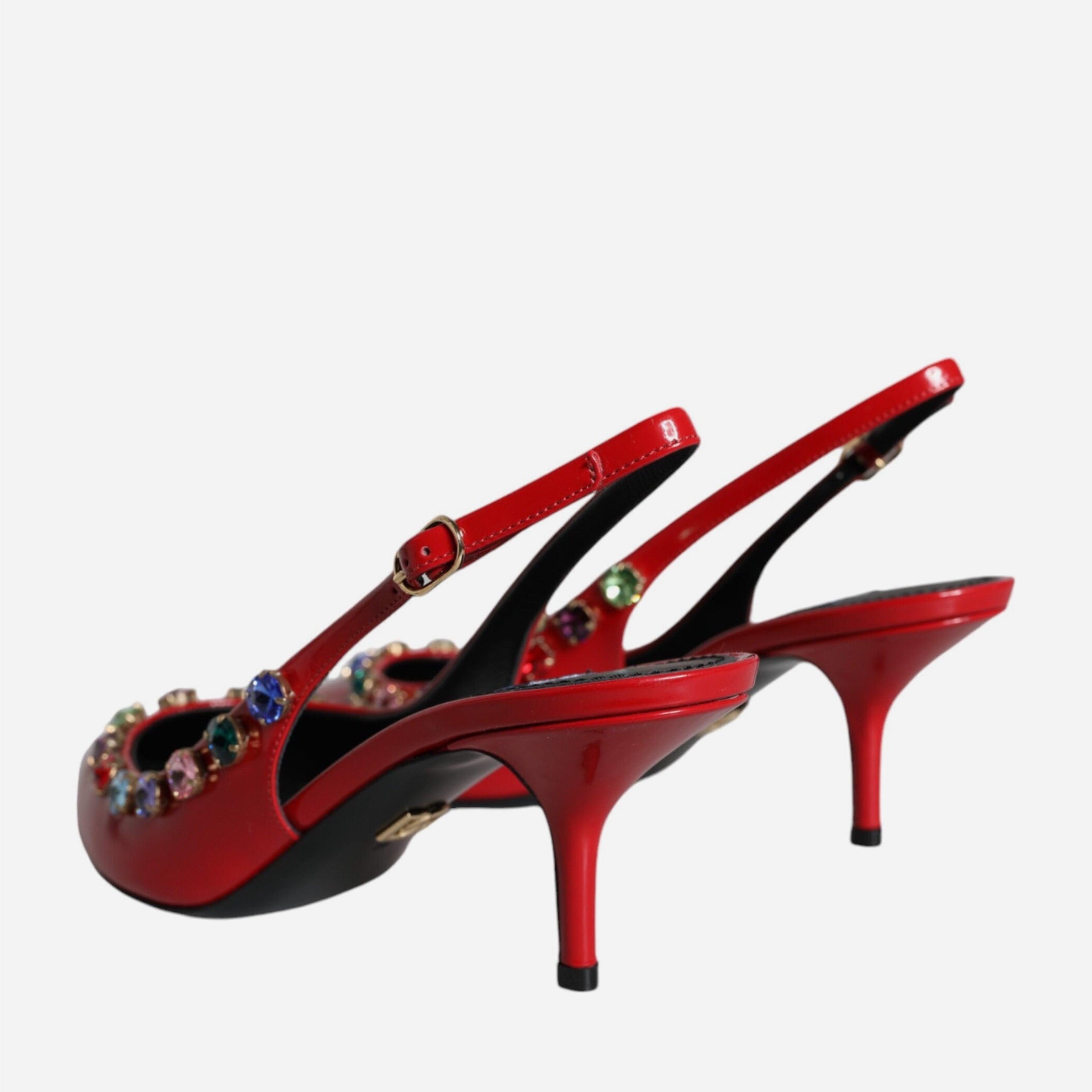 Дамски елегантни червени обувки на токче с разноцветни кристали Dolce & Gabbana Red Leather Crystal Heels Slingback