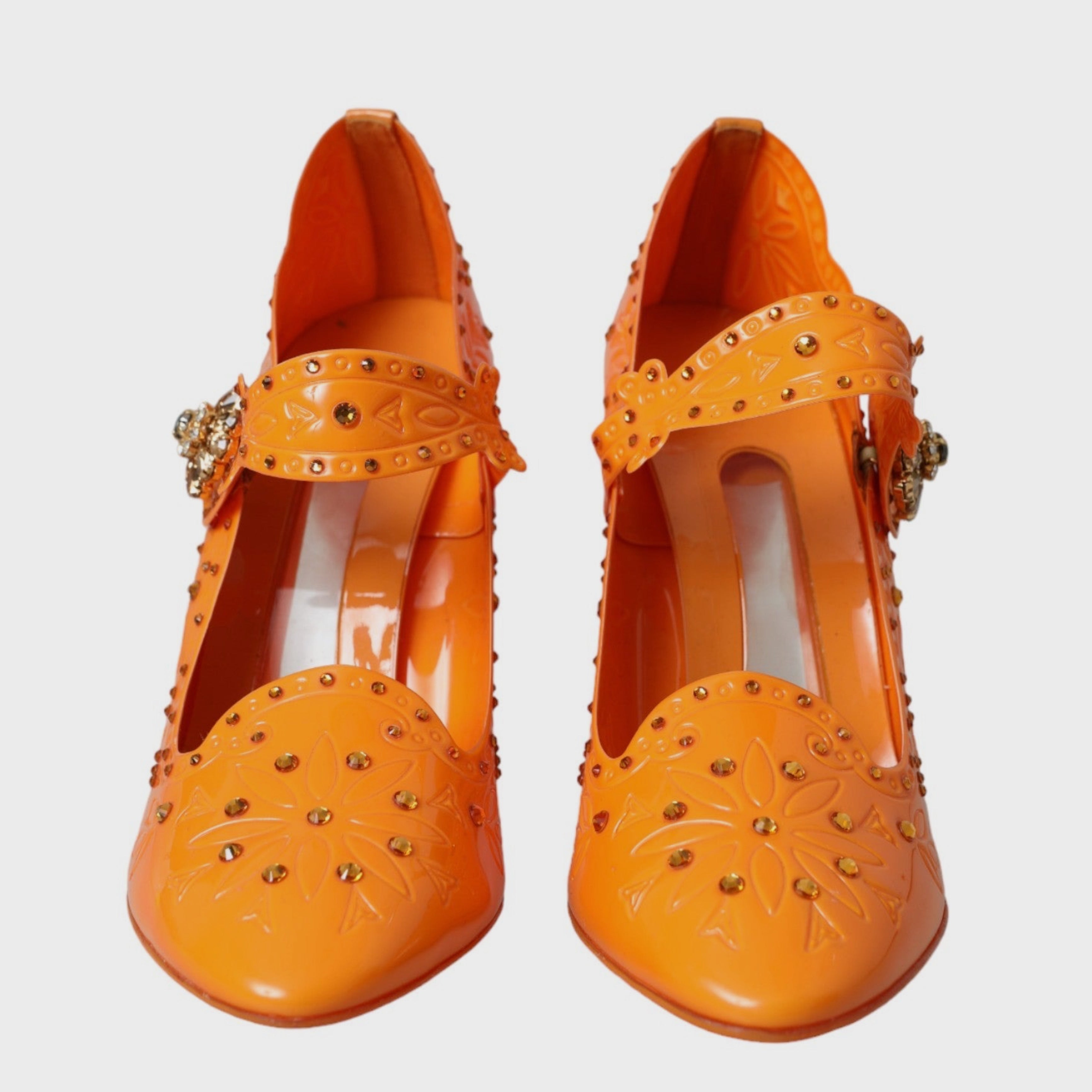 Дамски луксозни обувки на висок ток в оранжево Dolce & Gabbana Women’s CINDERELLA Floral Crystal Orange Heels