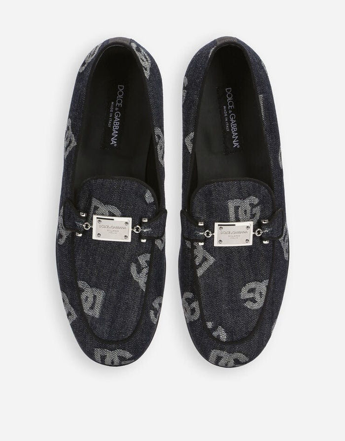 Мъжки луксозни мокасини от деним в черно Dolce & Gabbana Black Denim DG Logo Loafers